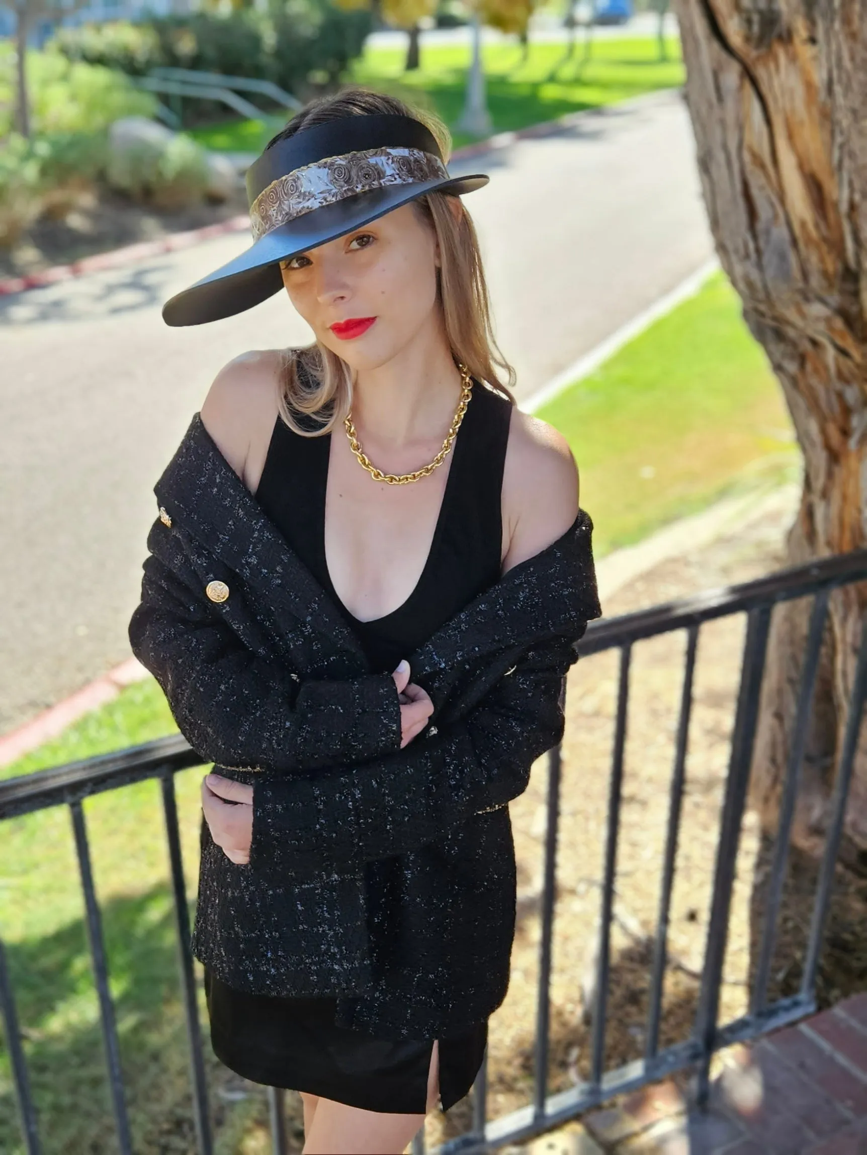 Black "LadyEVA" Visor Hat with Deep Brown and Golden Floral Band