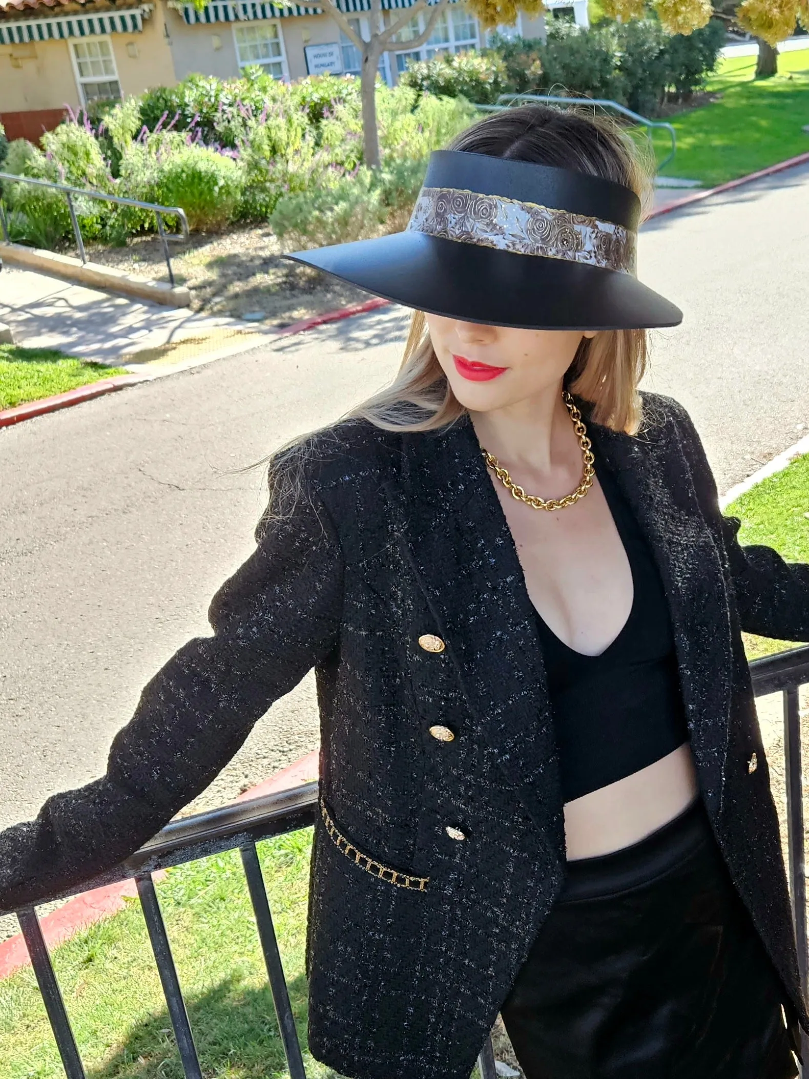 Black "LadyEVA" Visor Hat with Deep Brown and Golden Floral Band