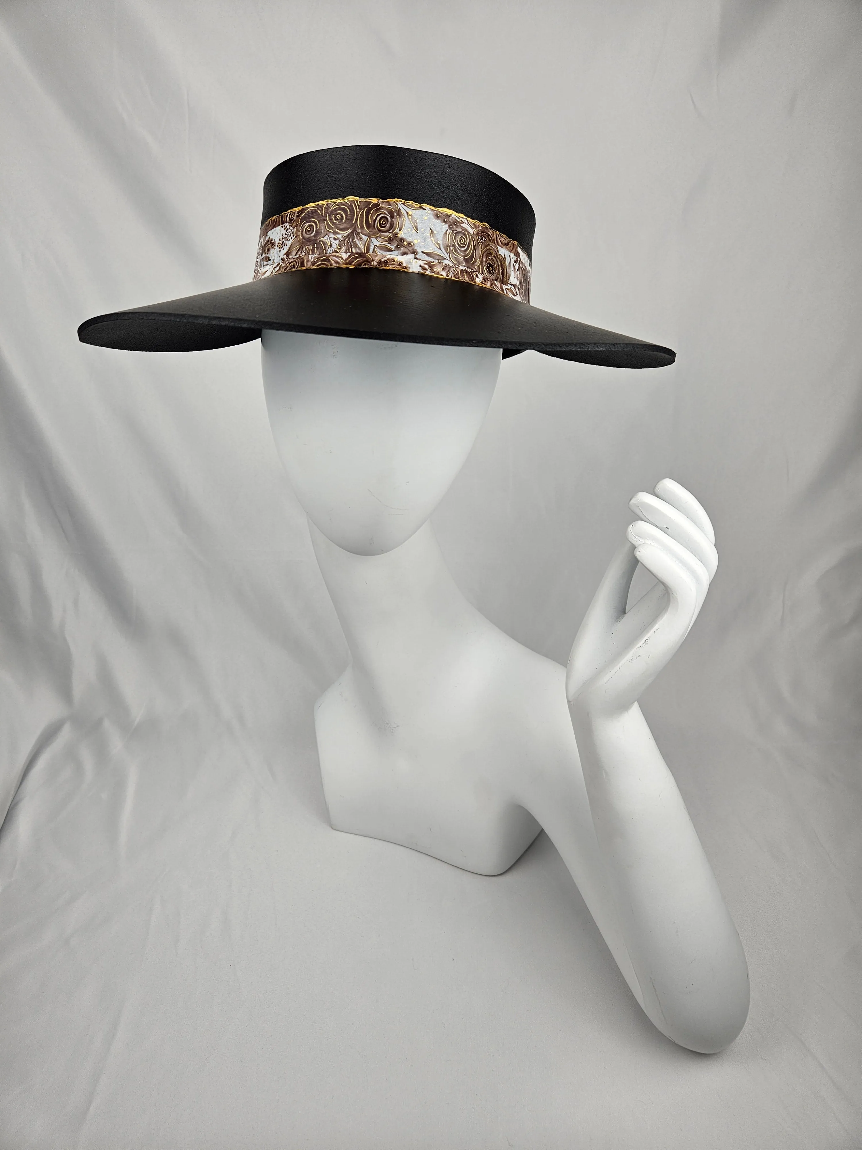 Black "LadyEVA" Visor Hat with Deep Brown and Golden Floral Band