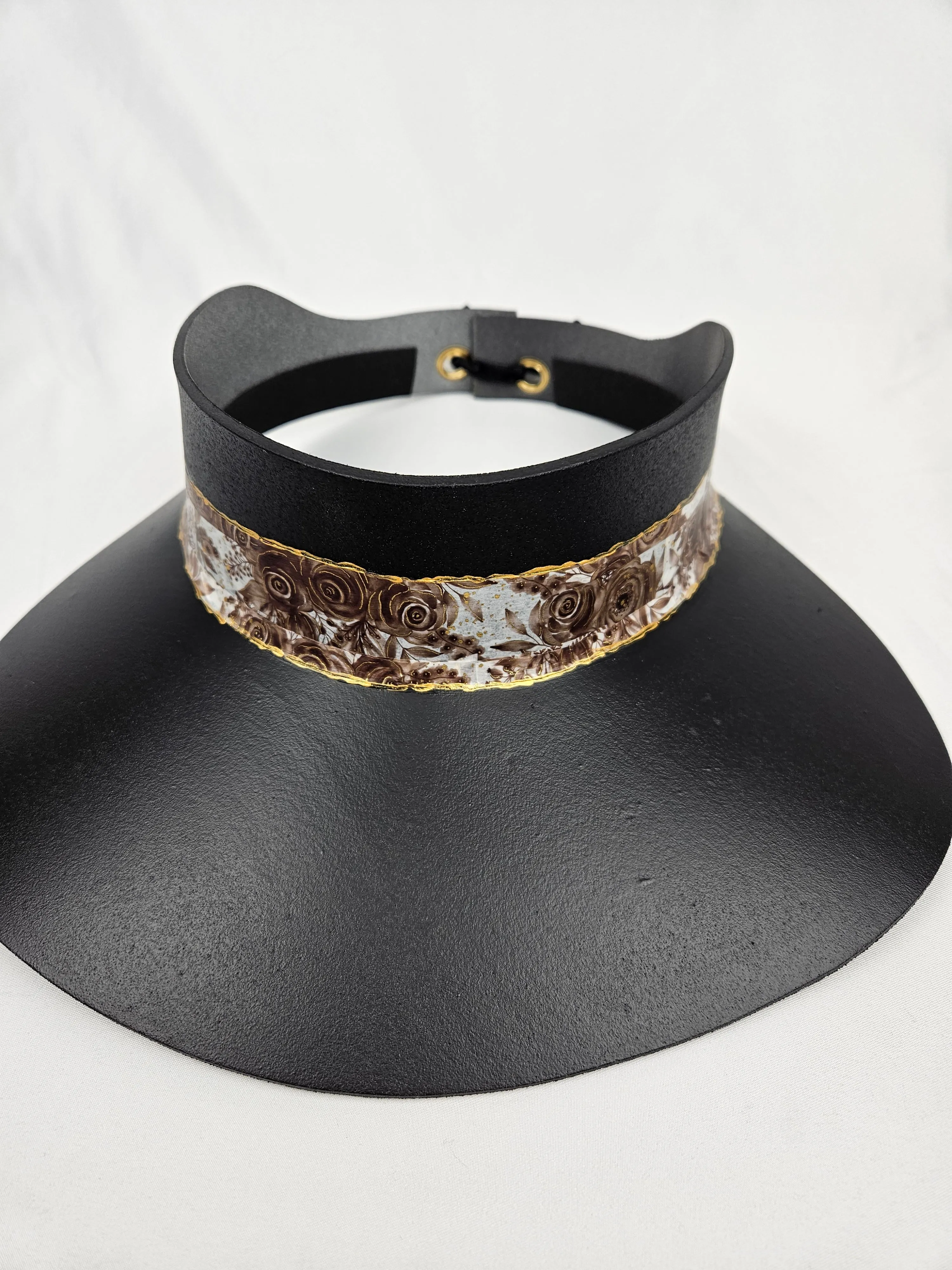 Black "LadyEVA" Visor Hat with Deep Brown and Golden Floral Band