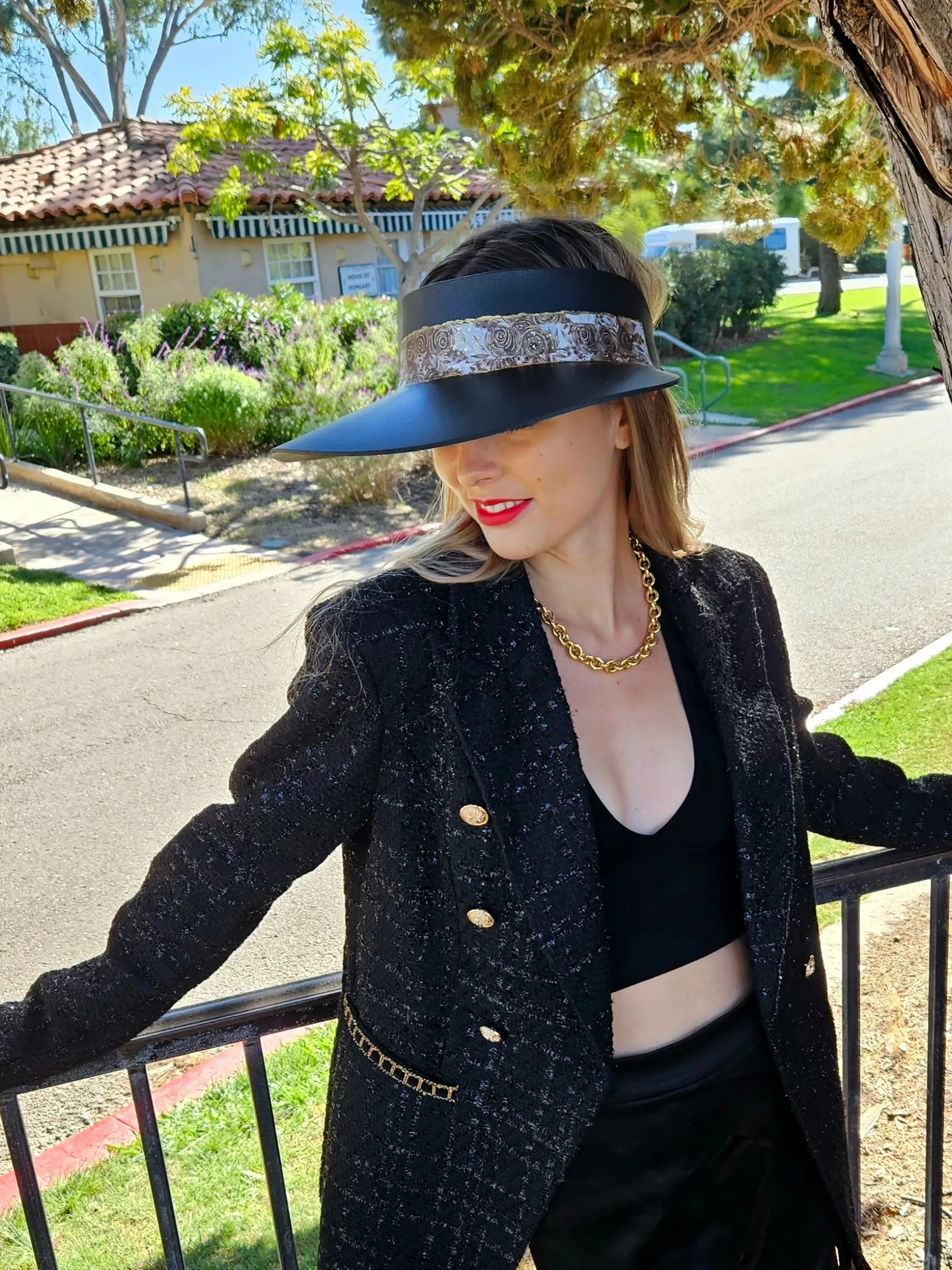 Black "LadyEVA" Visor Hat with Deep Brown and Golden Floral Band