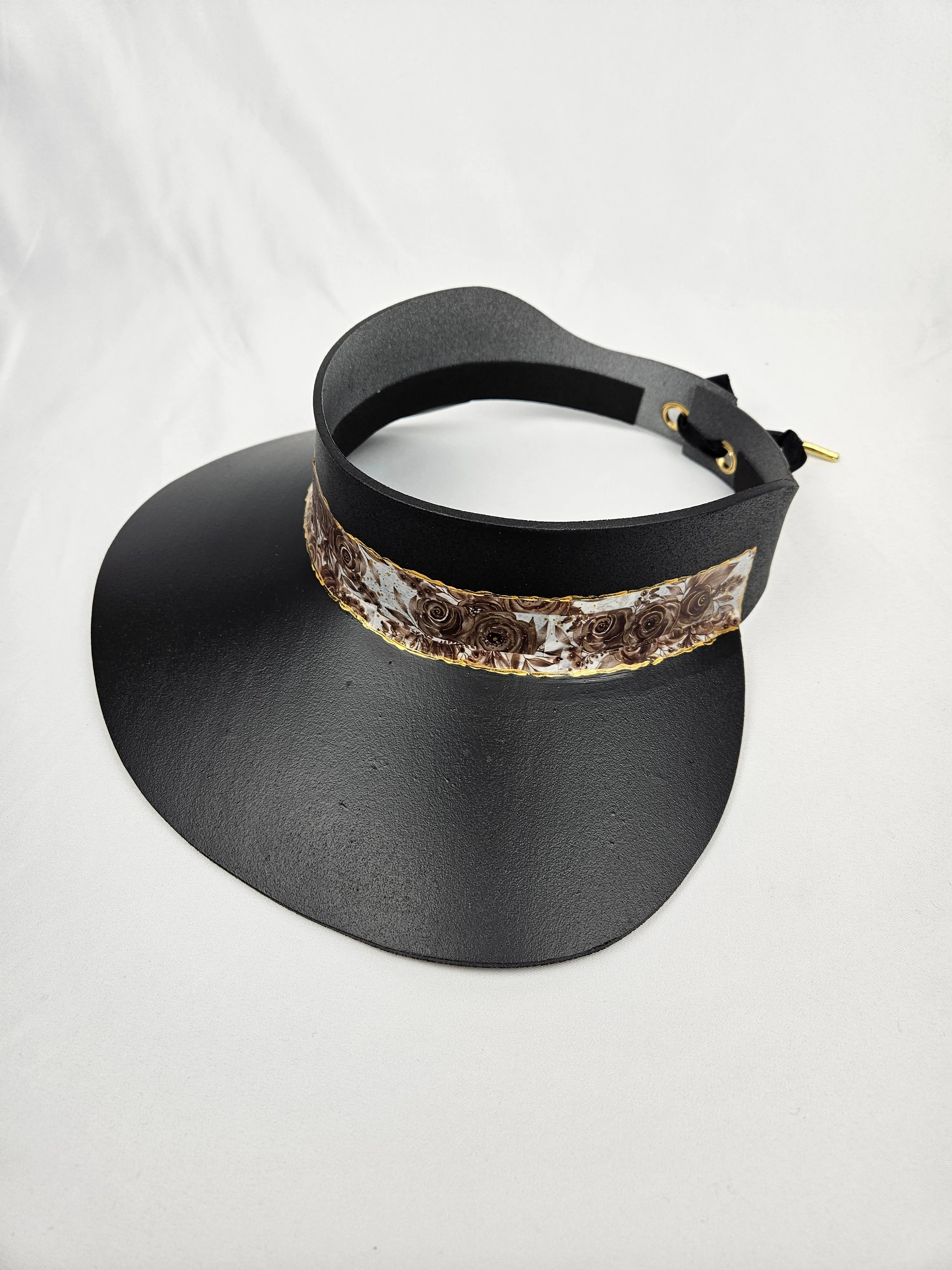 Black "LadyEVA" Visor Hat with Deep Brown and Golden Floral Band