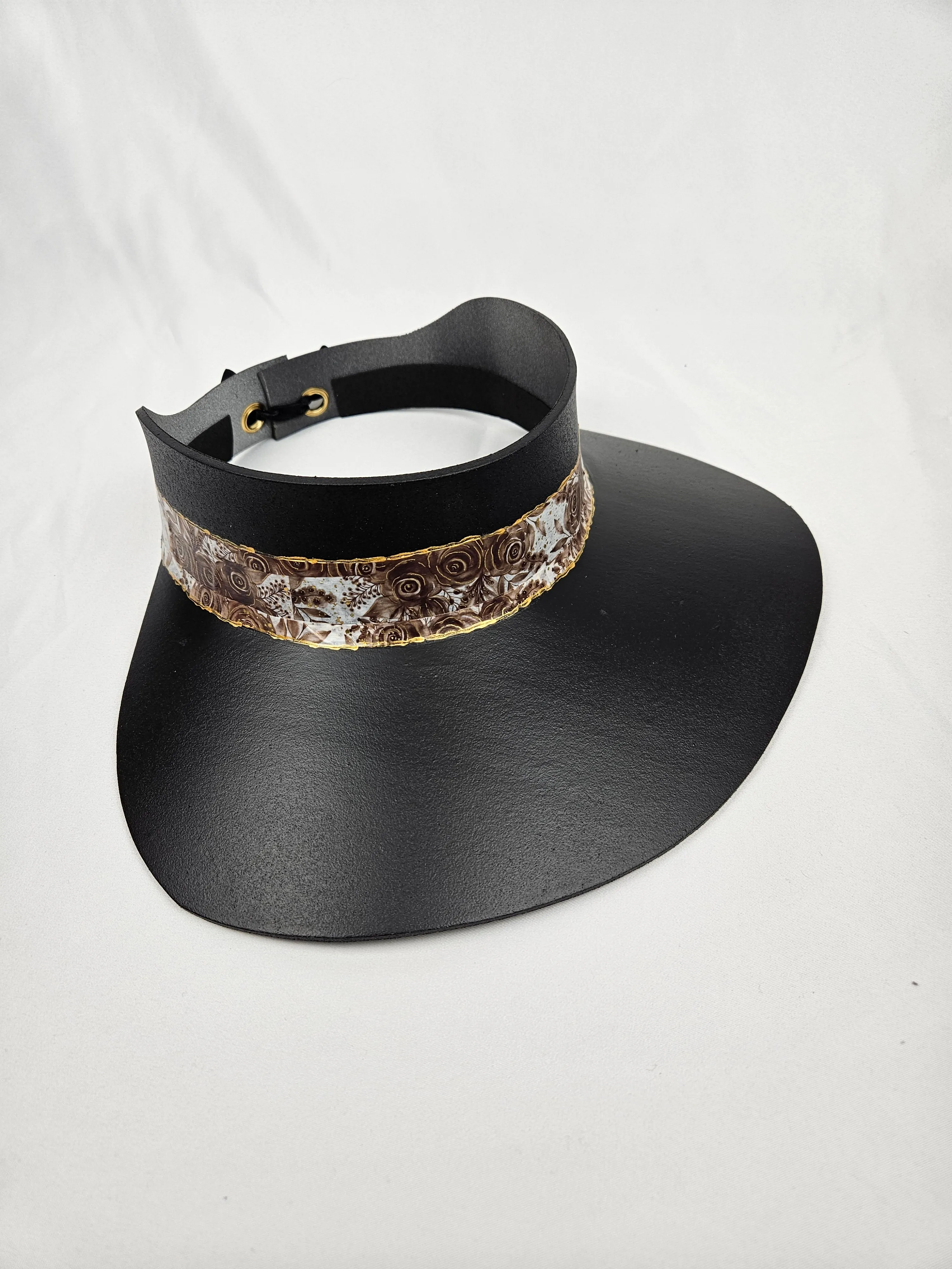 Black "LadyEVA" Visor Hat with Deep Brown and Golden Floral Band