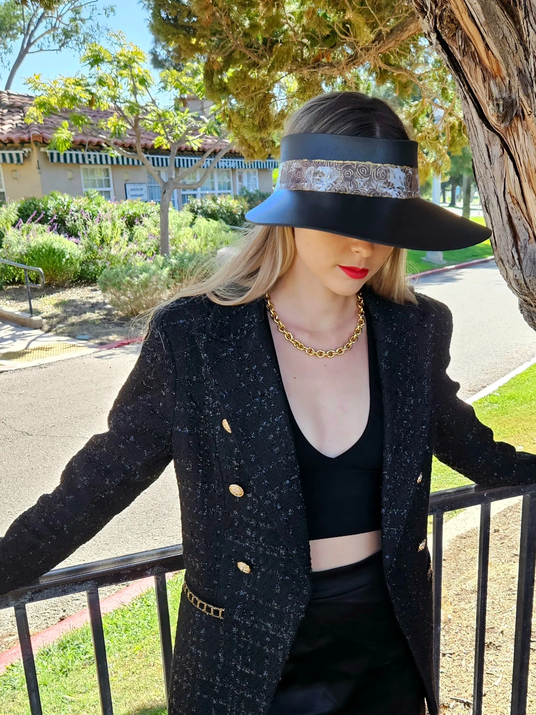 Black "LadyEVA" Visor Hat with Deep Brown and Golden Floral Band