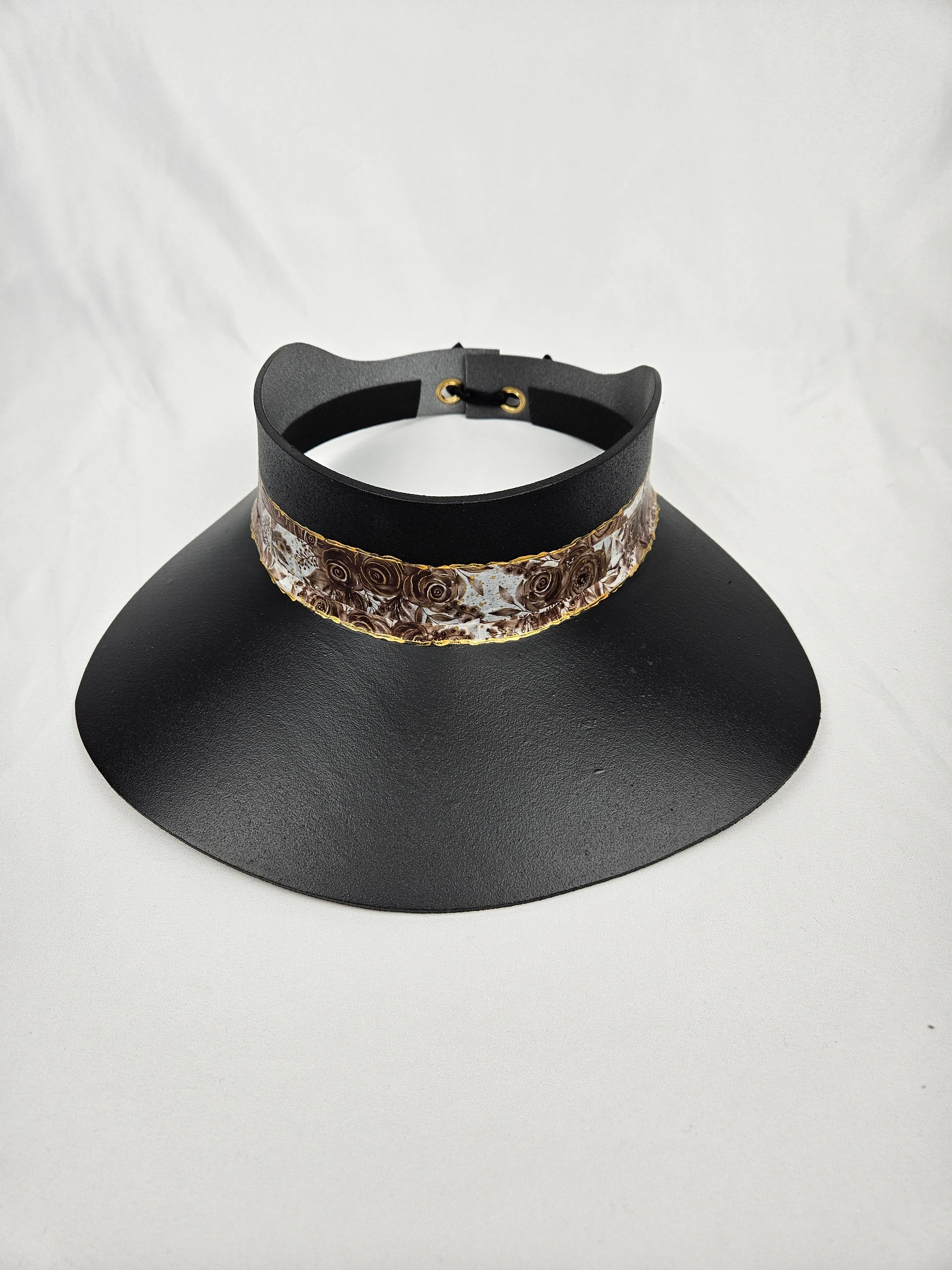 Black "LadyEVA" Visor Hat with Deep Brown and Golden Floral Band