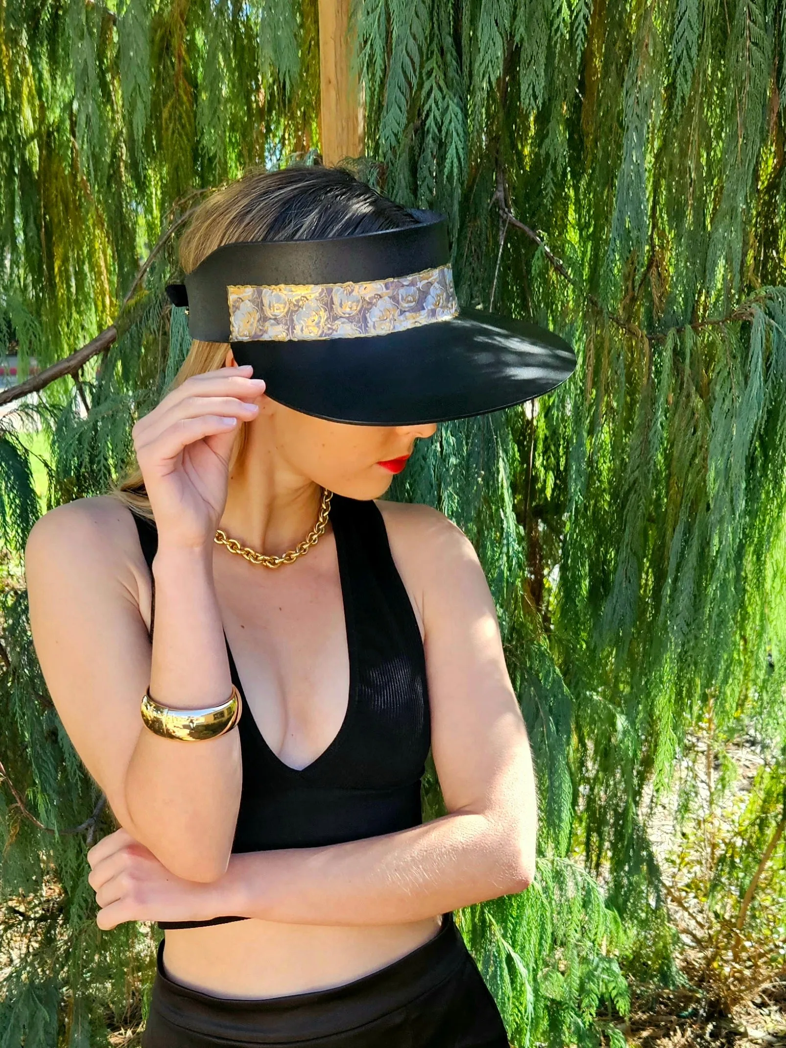 Black "LadyEVA" Visor Hat with Golden Floral Band