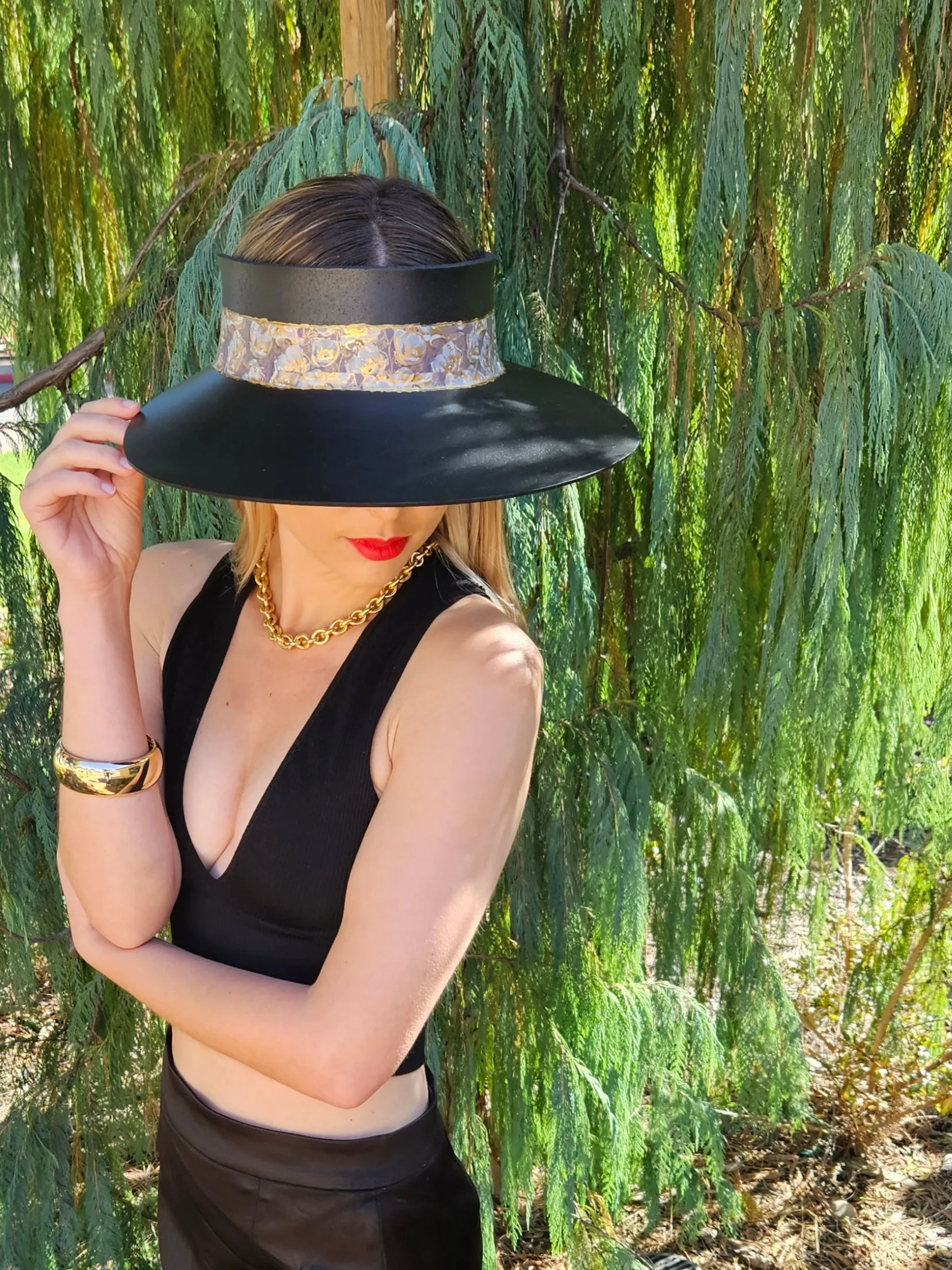 Black "LadyEVA" Visor Hat with Golden Floral Band