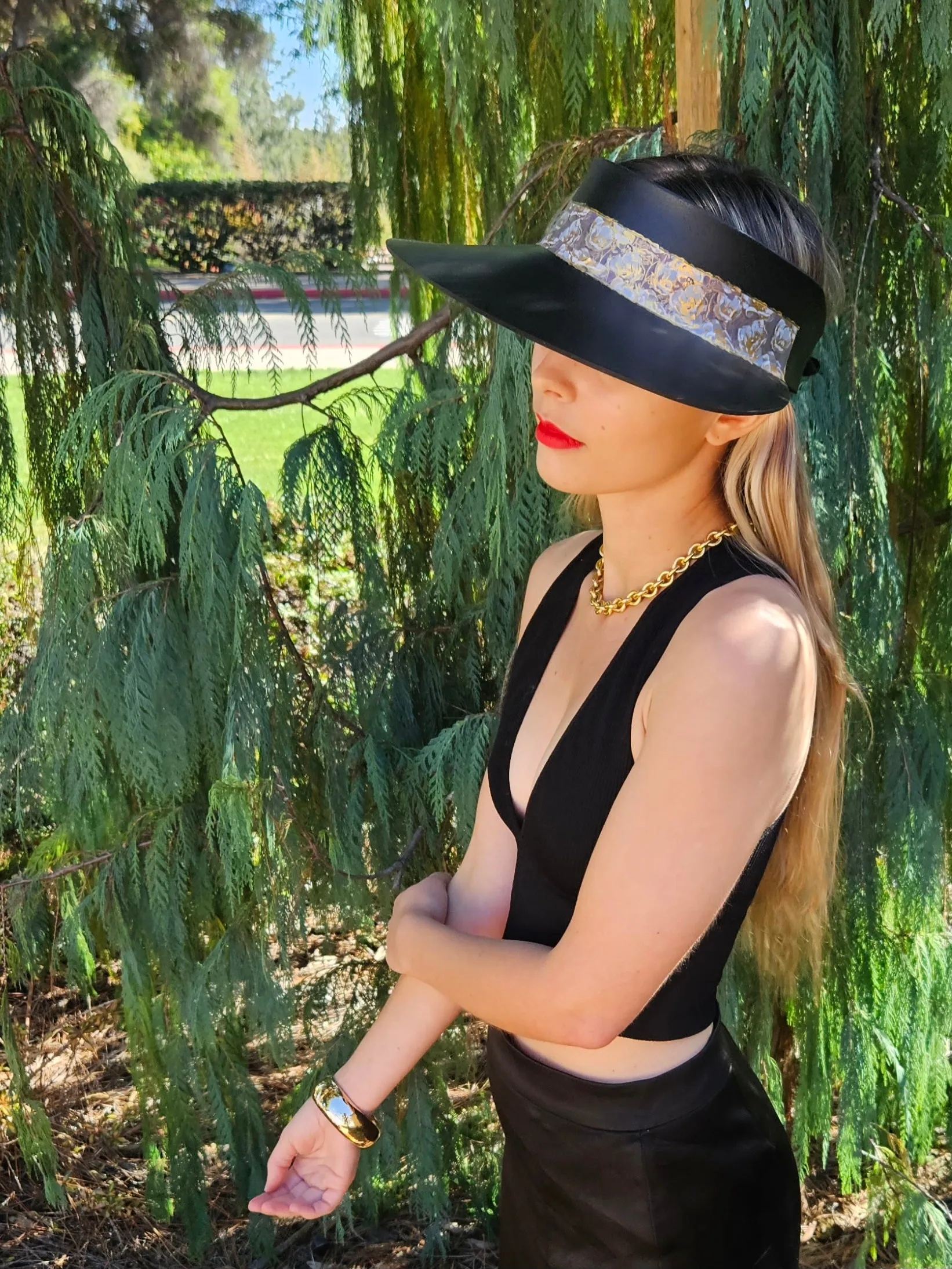 Black "LadyEVA" Visor Hat with Golden Floral Band