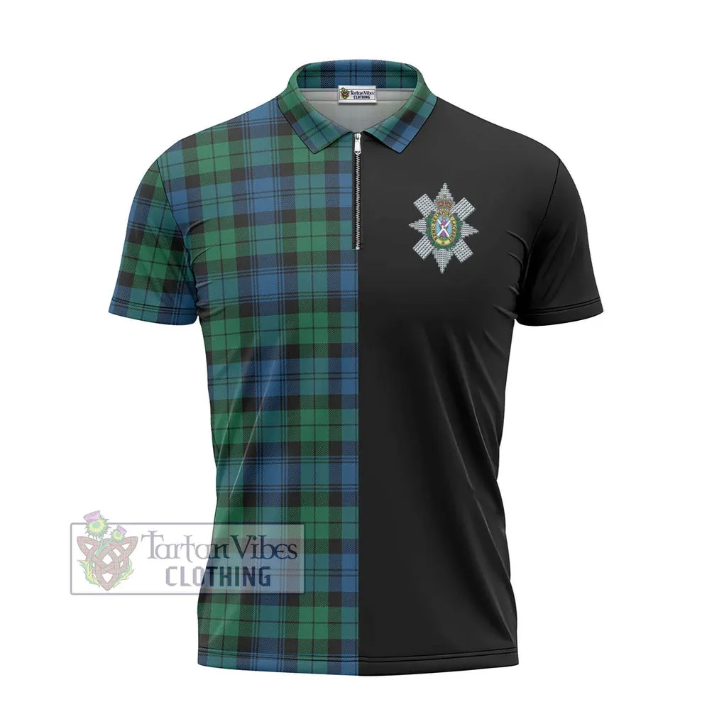 Black Watch Ancient Tartan Zipper Polo Shirt with Family Crest and Half Of Me Style