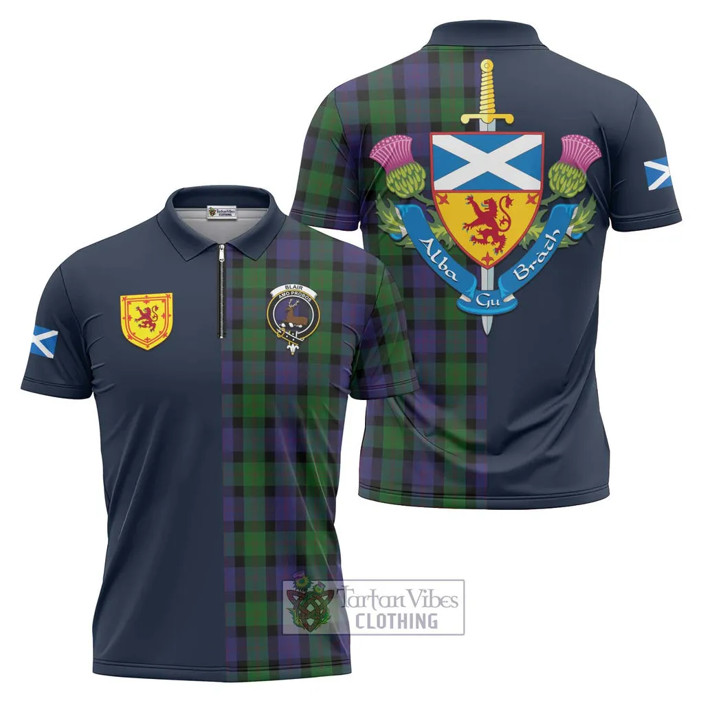 Blair Tartan Zipper Polo Shirt Alba with Scottish Lion Royal Arm Half Style