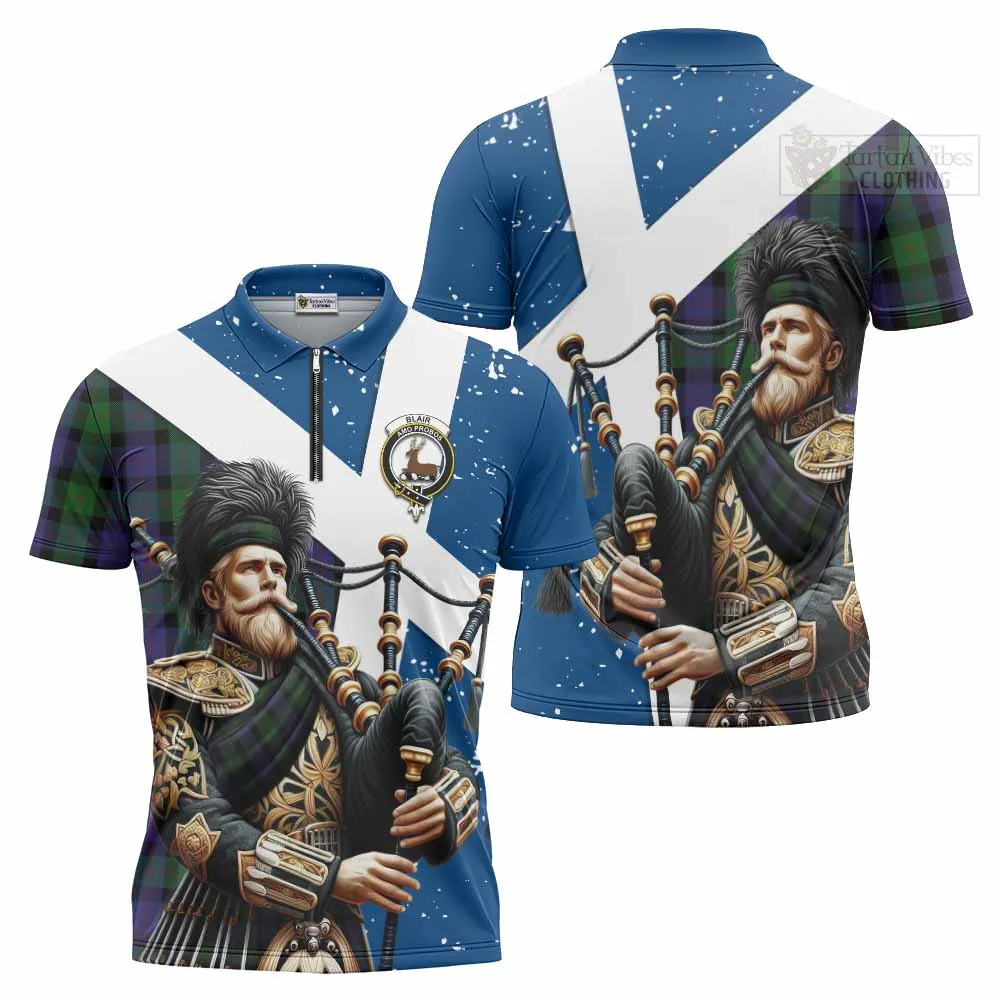 Blair Tartan Zipper Polo Shirt with Family Crest Scottish Bagpiper Vibes