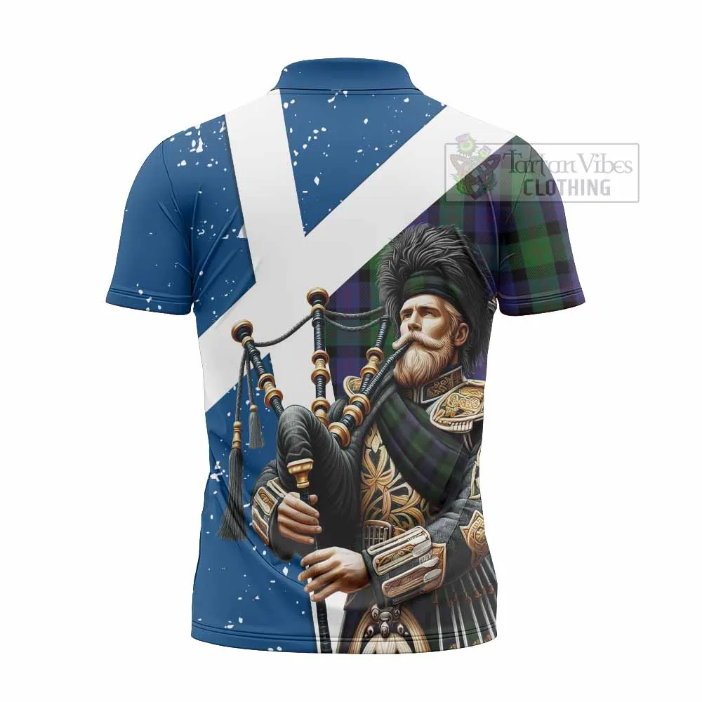 Blair Tartan Zipper Polo Shirt with Family Crest Scottish Bagpiper Vibes