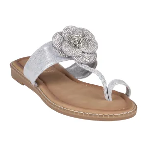 Blossom Silver Embellished Flower Toe Ring Flat Sandals