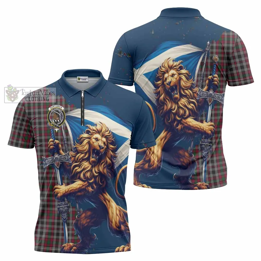 Borthwick Tartan Family Crest Zipper Polo Shirt with Scottish Majestic Lion