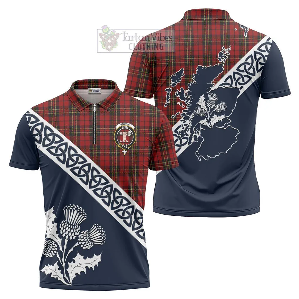 Brodie Tartan Zipper Polo Shirt Featuring Thistle and Scotland Map