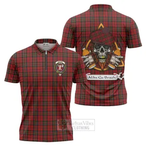 Brodie Tartan Zipper Polo Shirt with Family Crest and Bearded Skull Holding Bottles of Whiskey