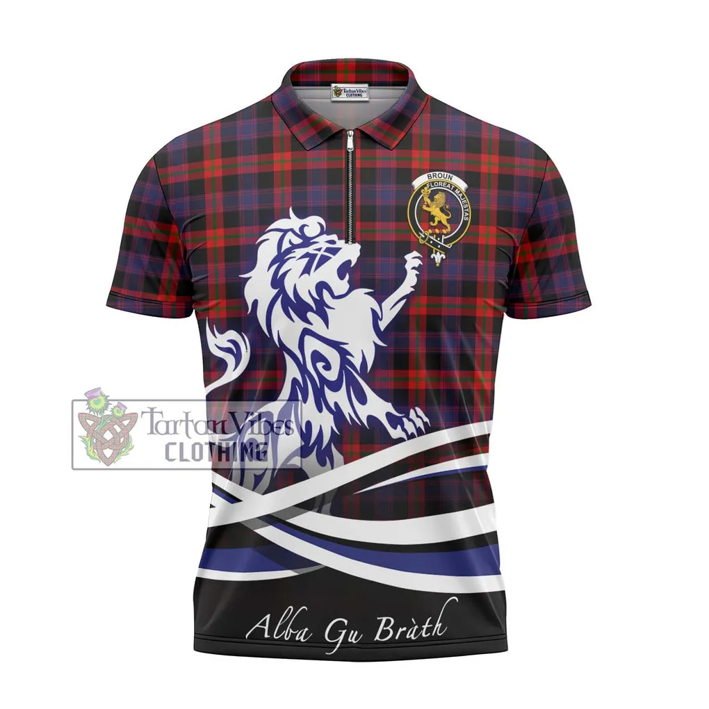 Broun Modern Tartan Zipper Polo Shirt with Alba Gu Brath Regal Lion Emblem