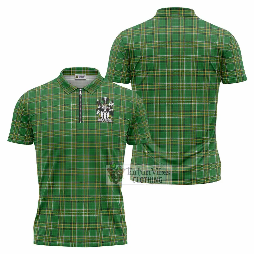 Brounker Irish Clan Tartan Zipper Polo Shirt with Coat of Arms