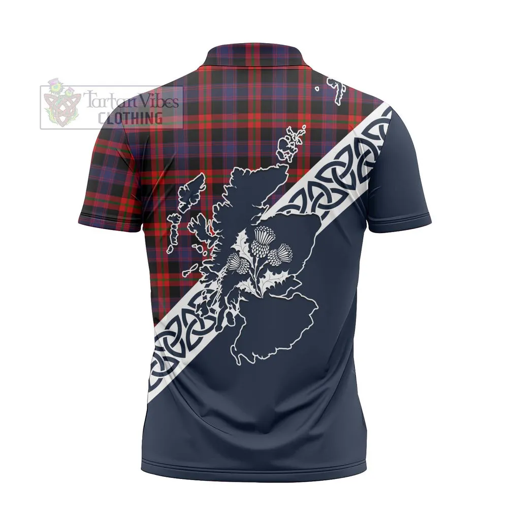 Brown (Broun) Tartan Zipper Polo Shirt Featuring Thistle and Scotland Map