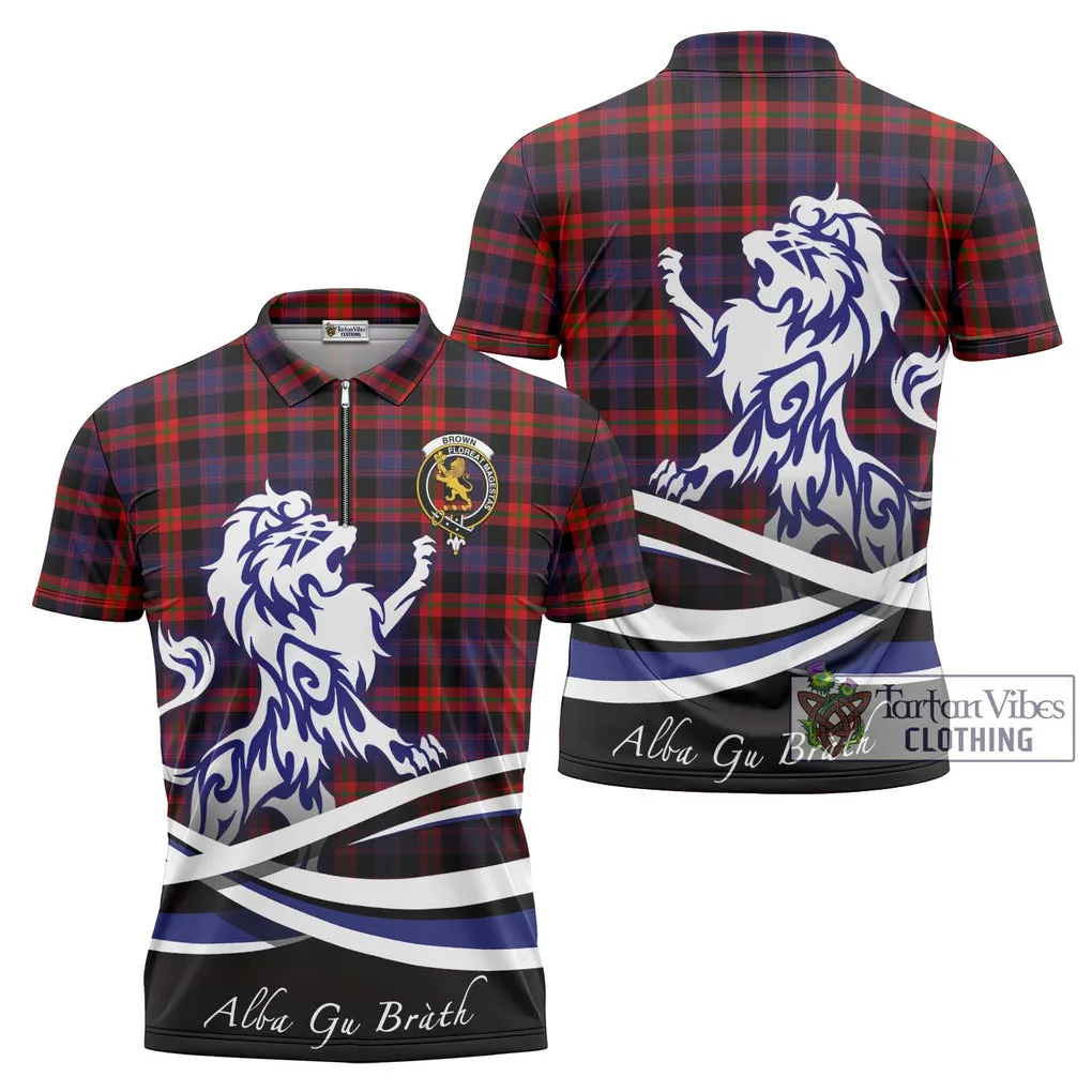 Brown (Broun) Tartan Zipper Polo Shirt with Alba Gu Brath Regal Lion Emblem