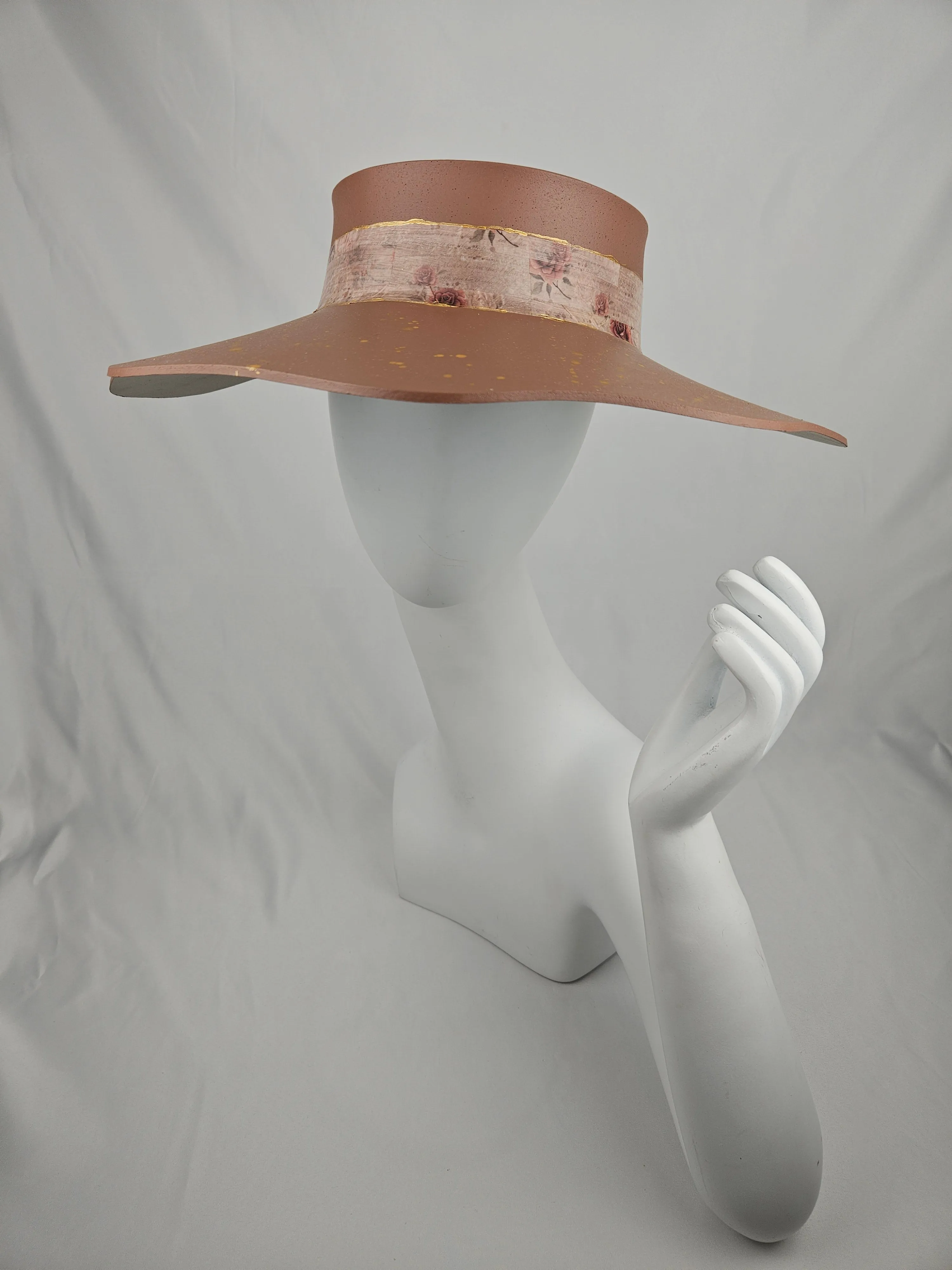 Brown Lotus Visor Hat with Warm Brown and Burgundy Floral Style Band and Golden Paint Splatter