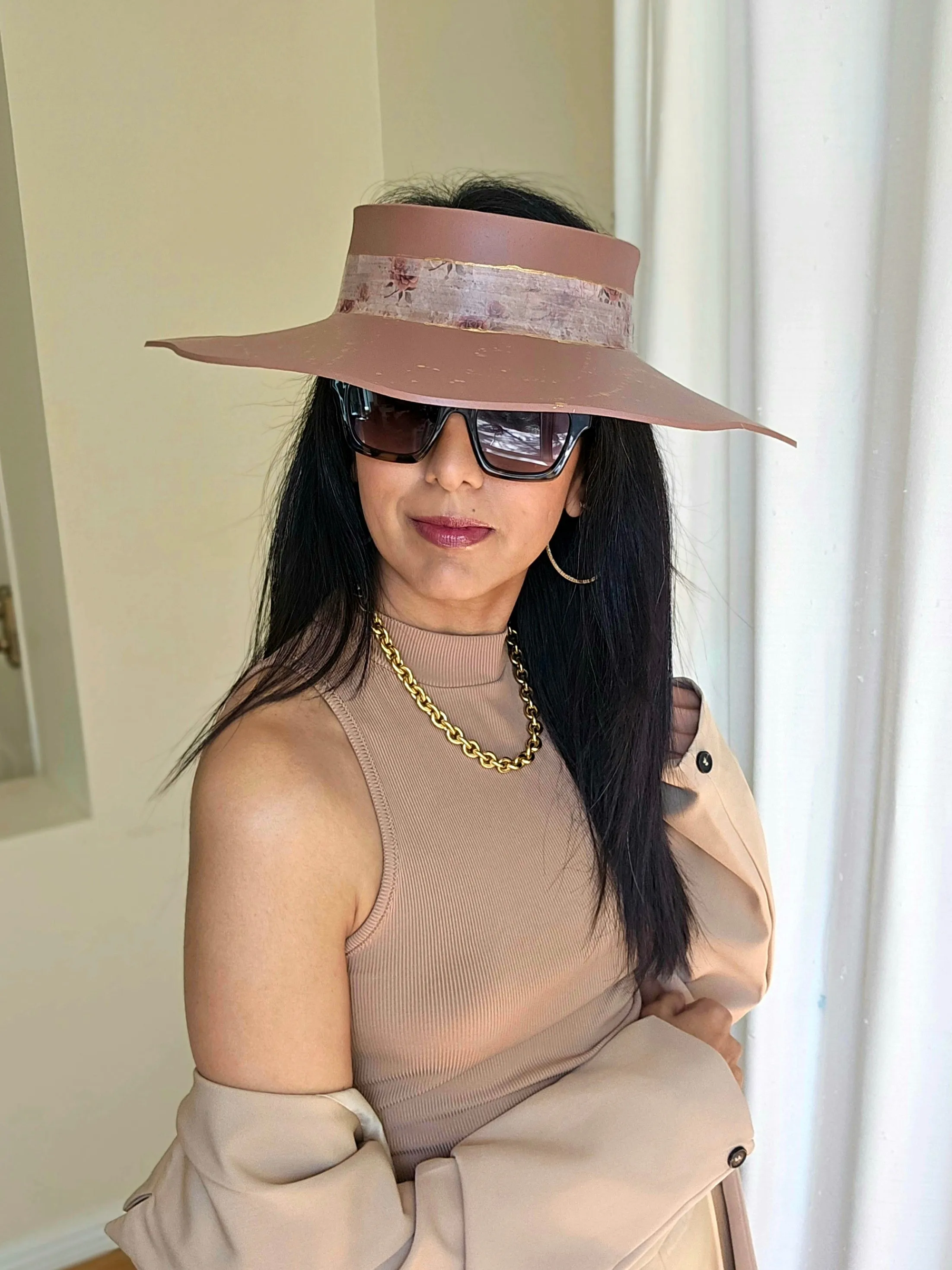 Brown Lotus Visor Hat with Warm Brown and Burgundy Floral Style Band and Golden Paint Splatter