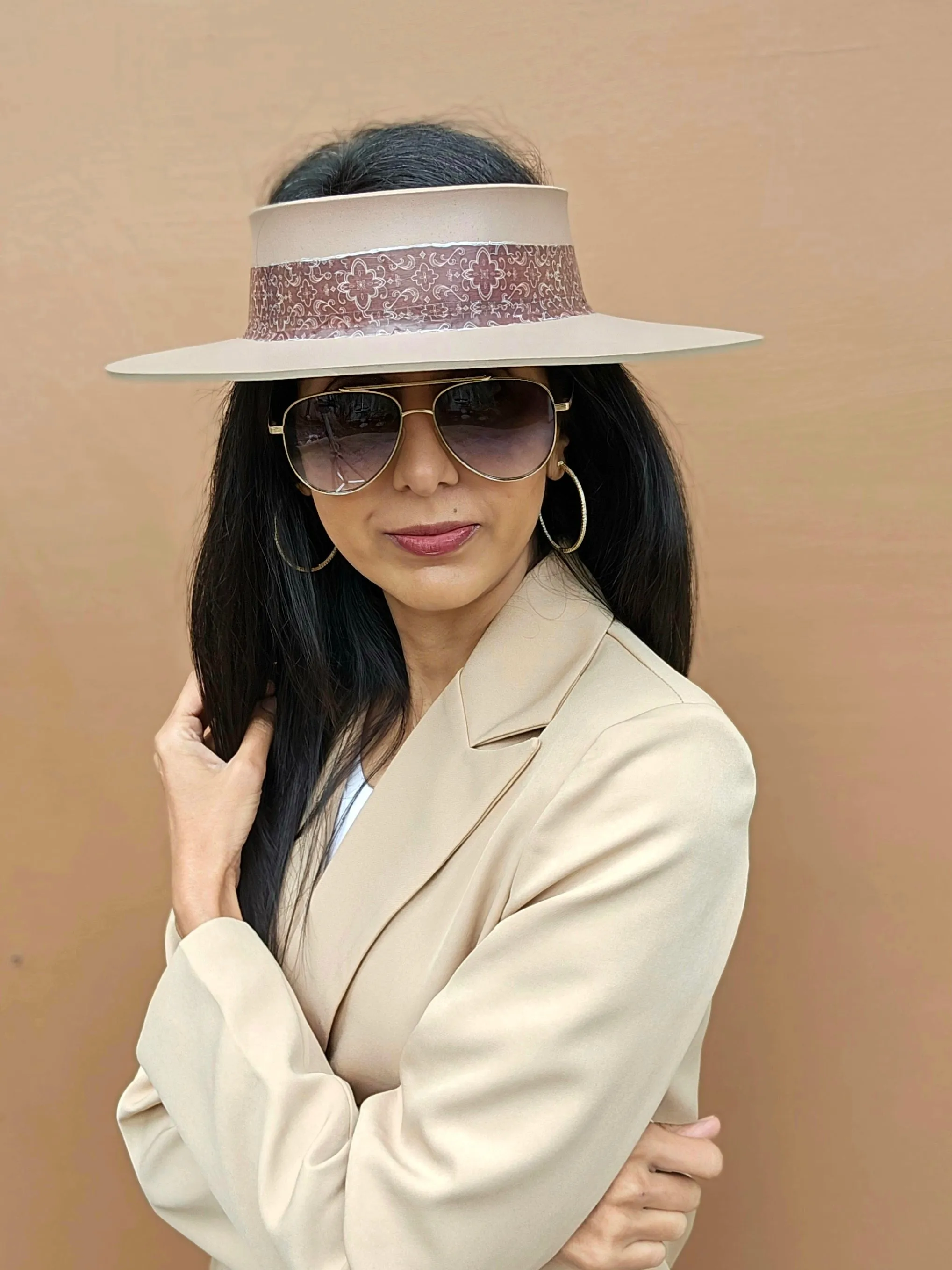 Brown "LadyEVA" Visor Hat with Burgundy Brown Geometric Band