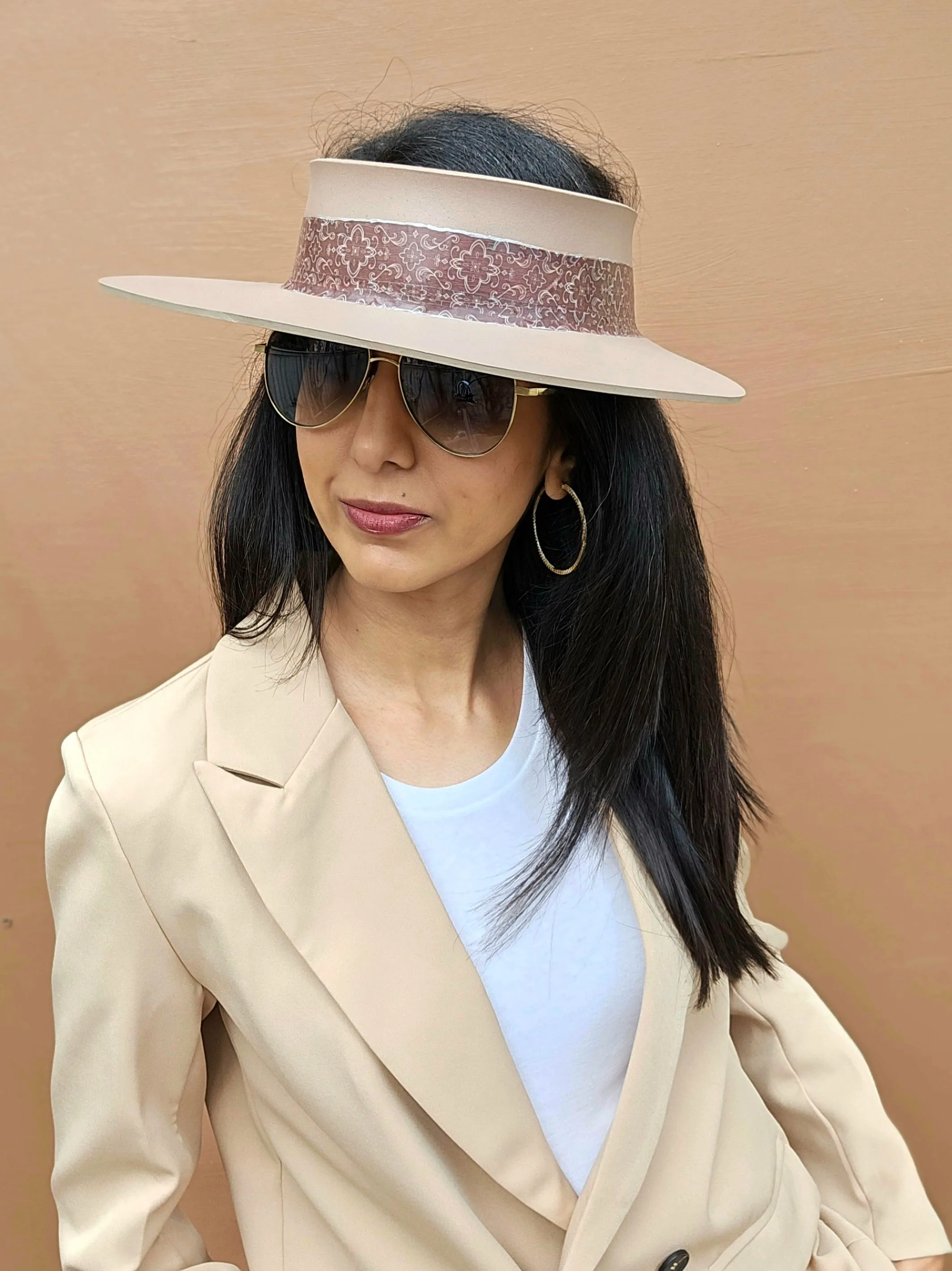 Brown "LadyEVA" Visor Hat with Burgundy Brown Geometric Band