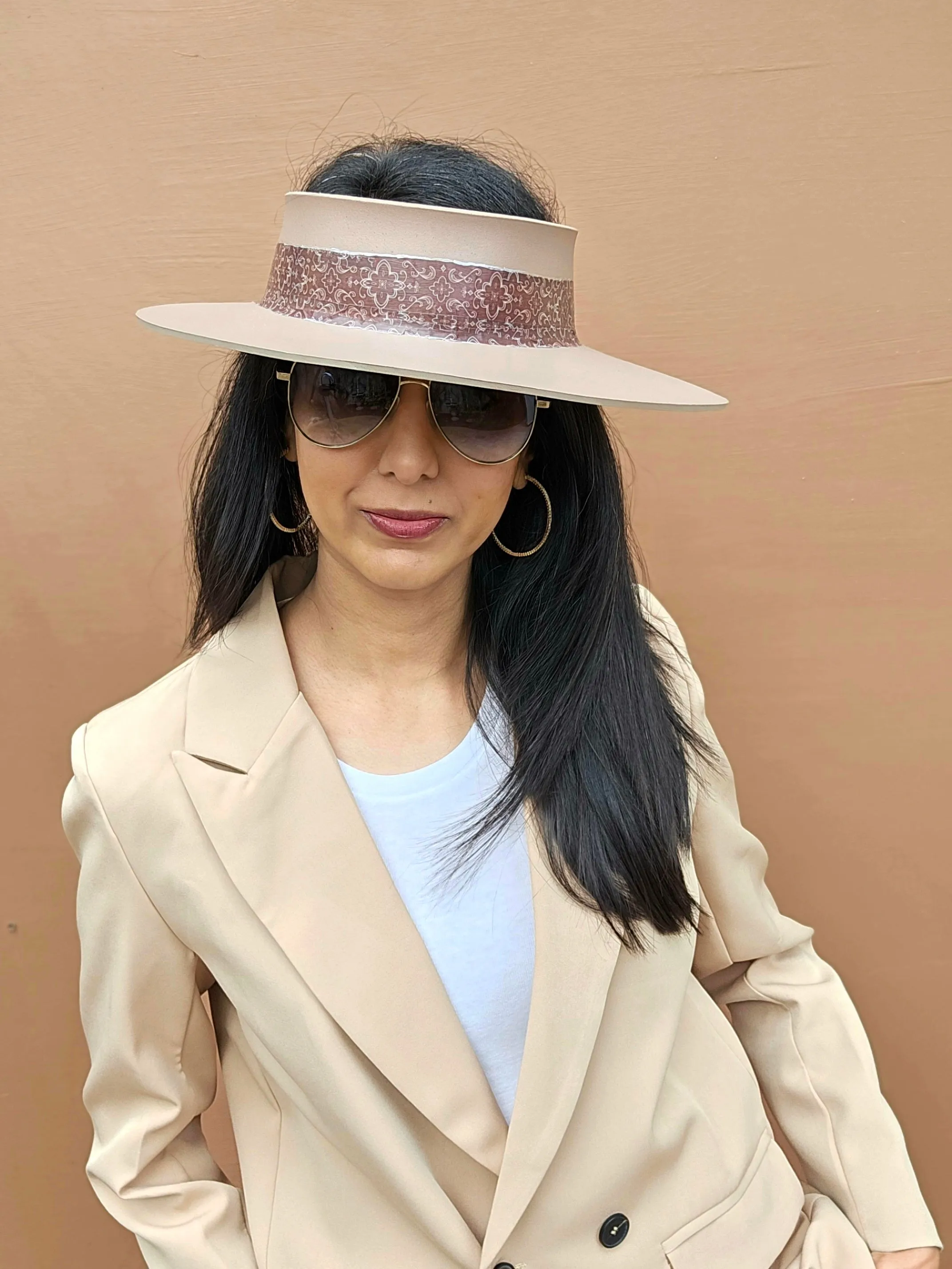 Brown "LadyEVA" Visor Hat with Burgundy Brown Geometric Band