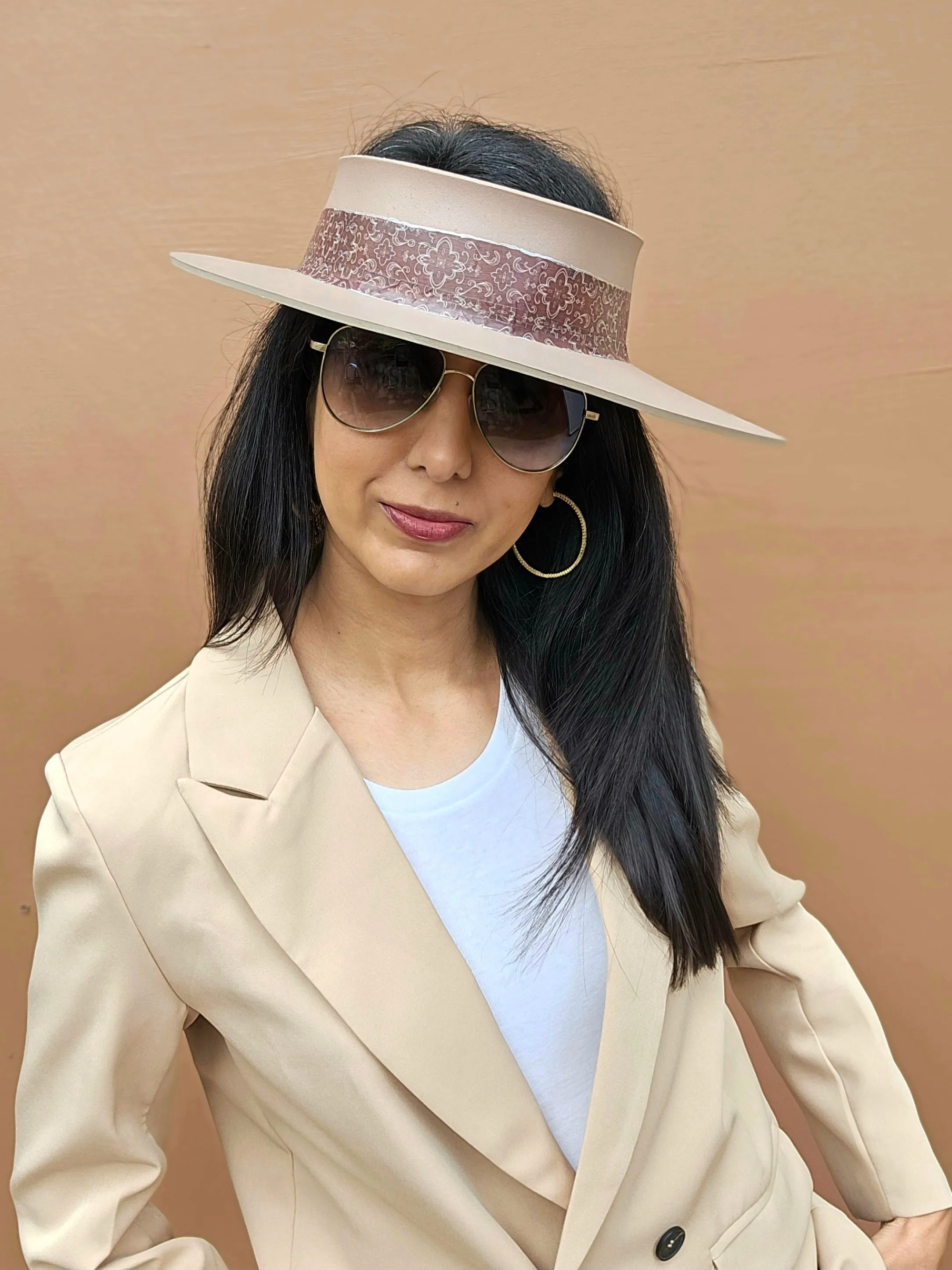 Brown "LadyEVA" Visor Hat with Burgundy Brown Geometric Band