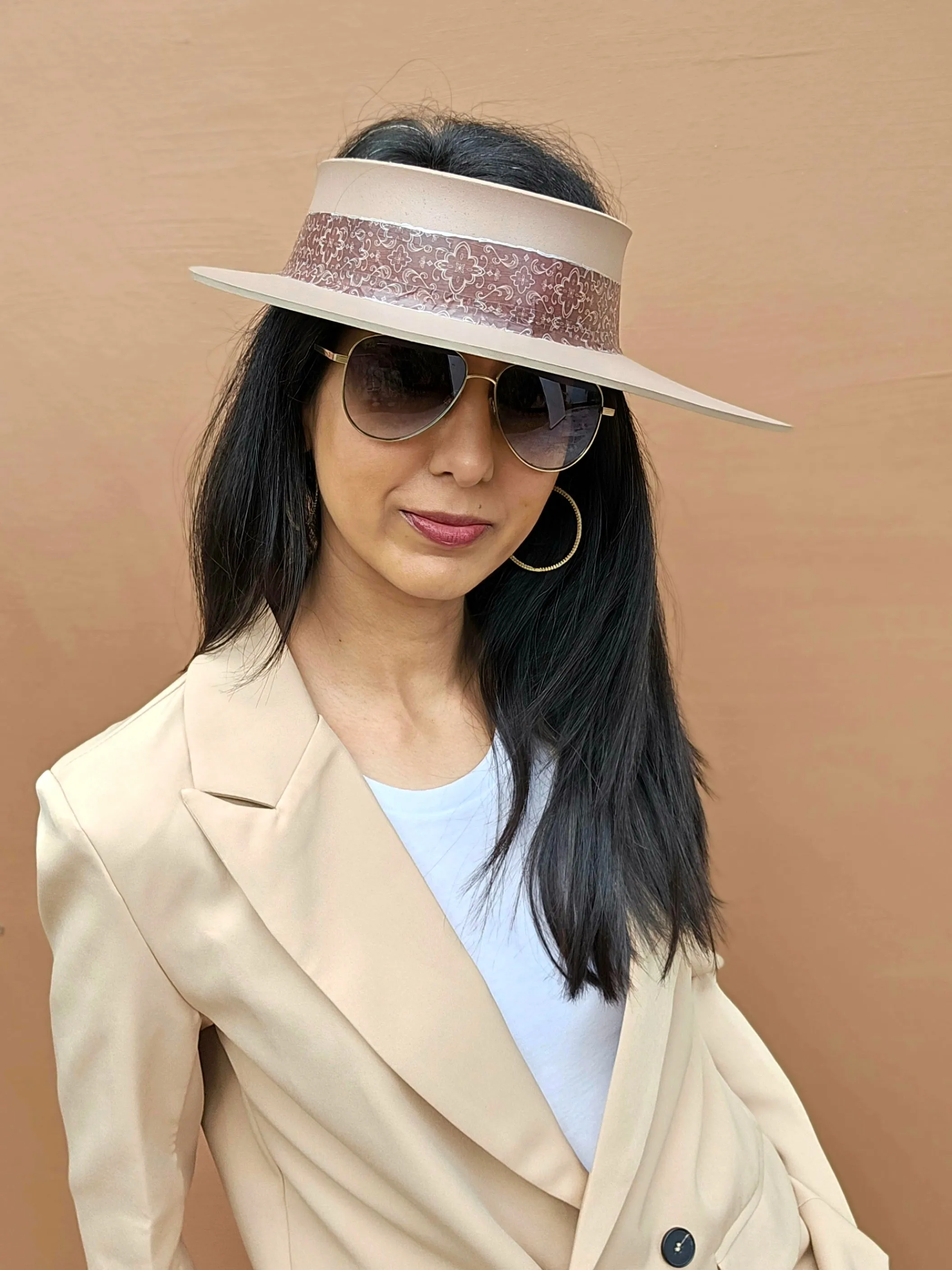 Brown "LadyEVA" Visor Hat with Burgundy Brown Geometric Band