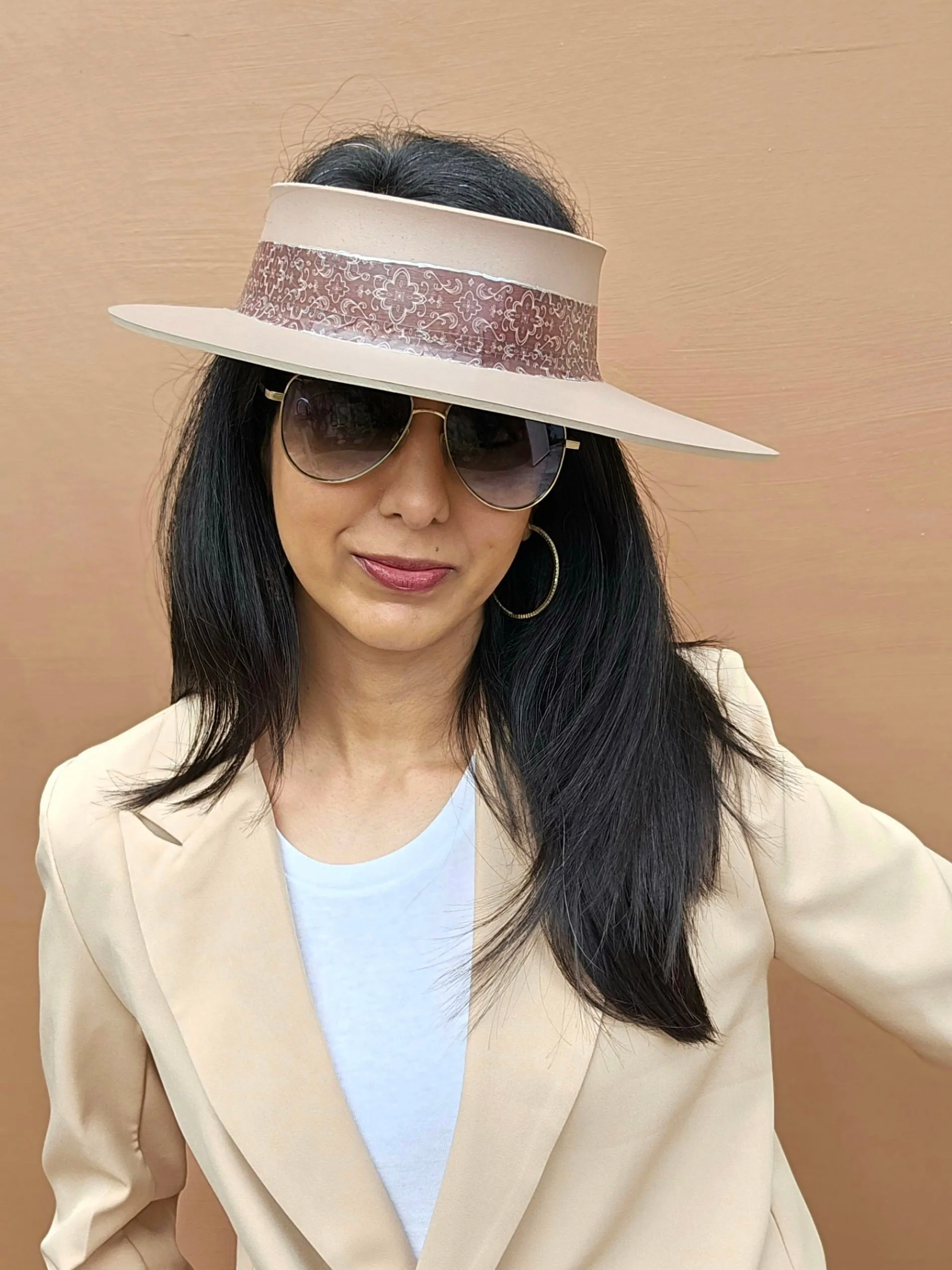 Brown "LadyEVA" Visor Hat with Burgundy Brown Geometric Band