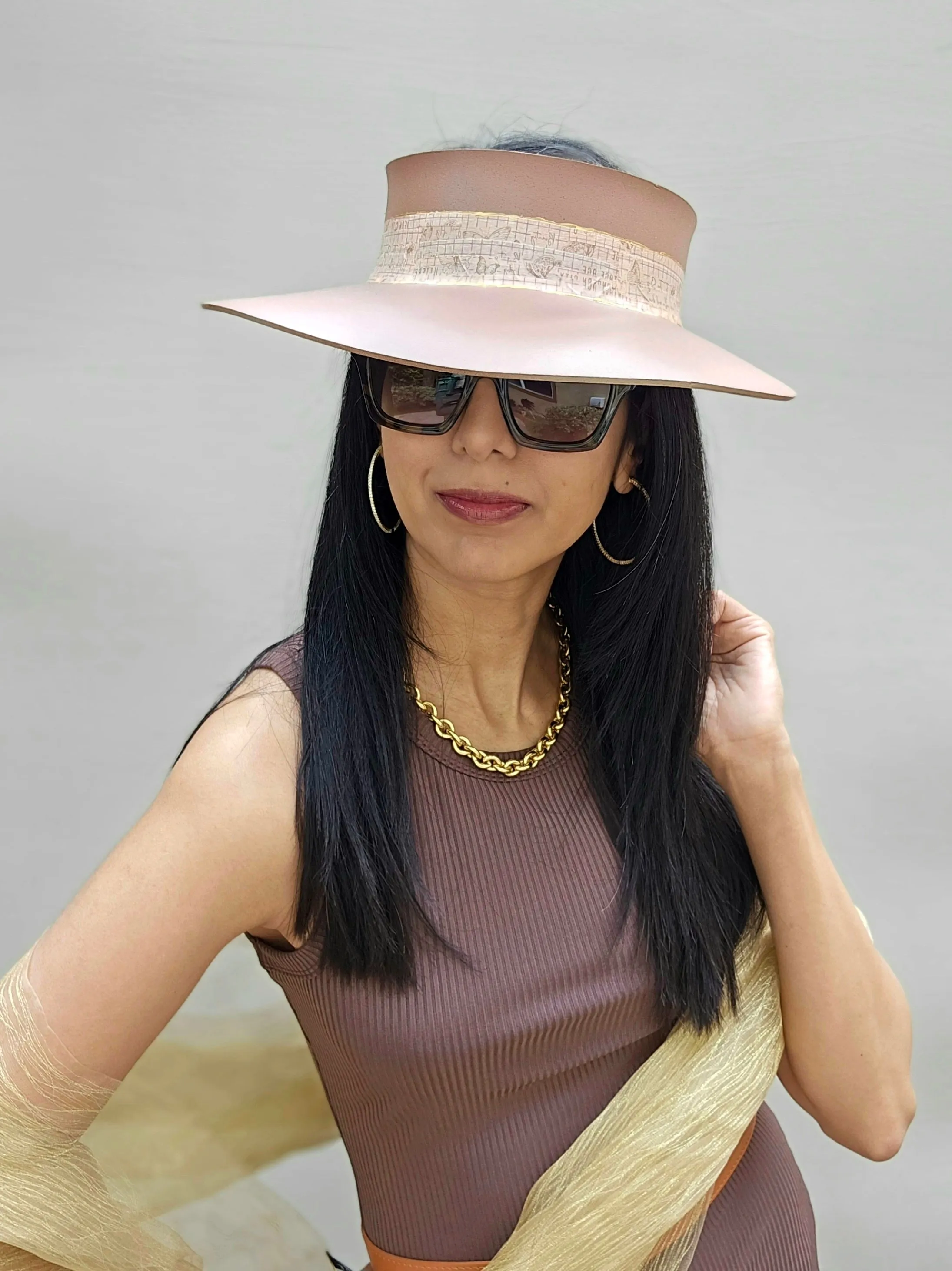 Brown "LadyEVA" Visor Hat with Butterfly and Grid Style Band