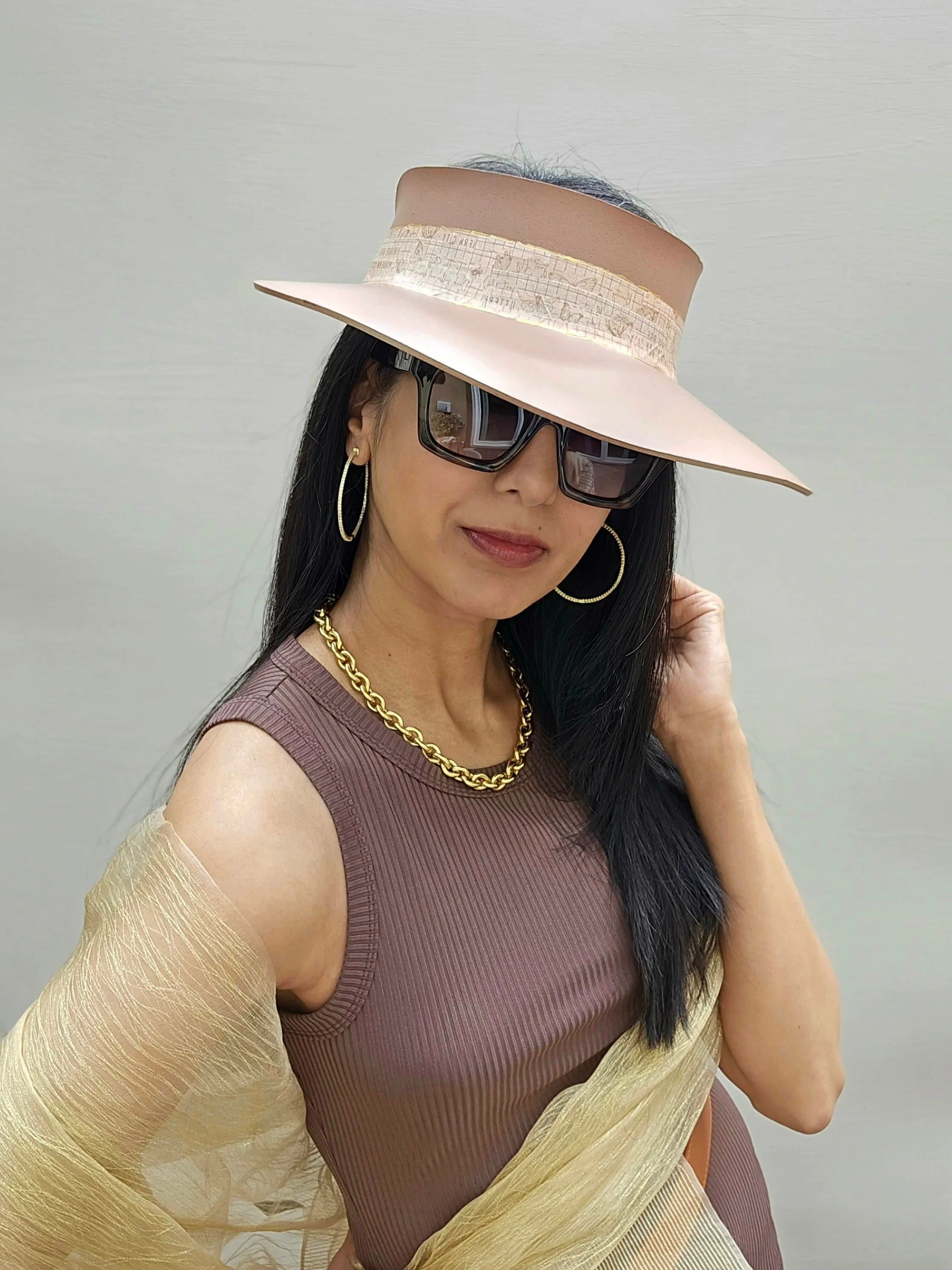 Brown "LadyEVA" Visor Hat with Butterfly and Grid Style Band