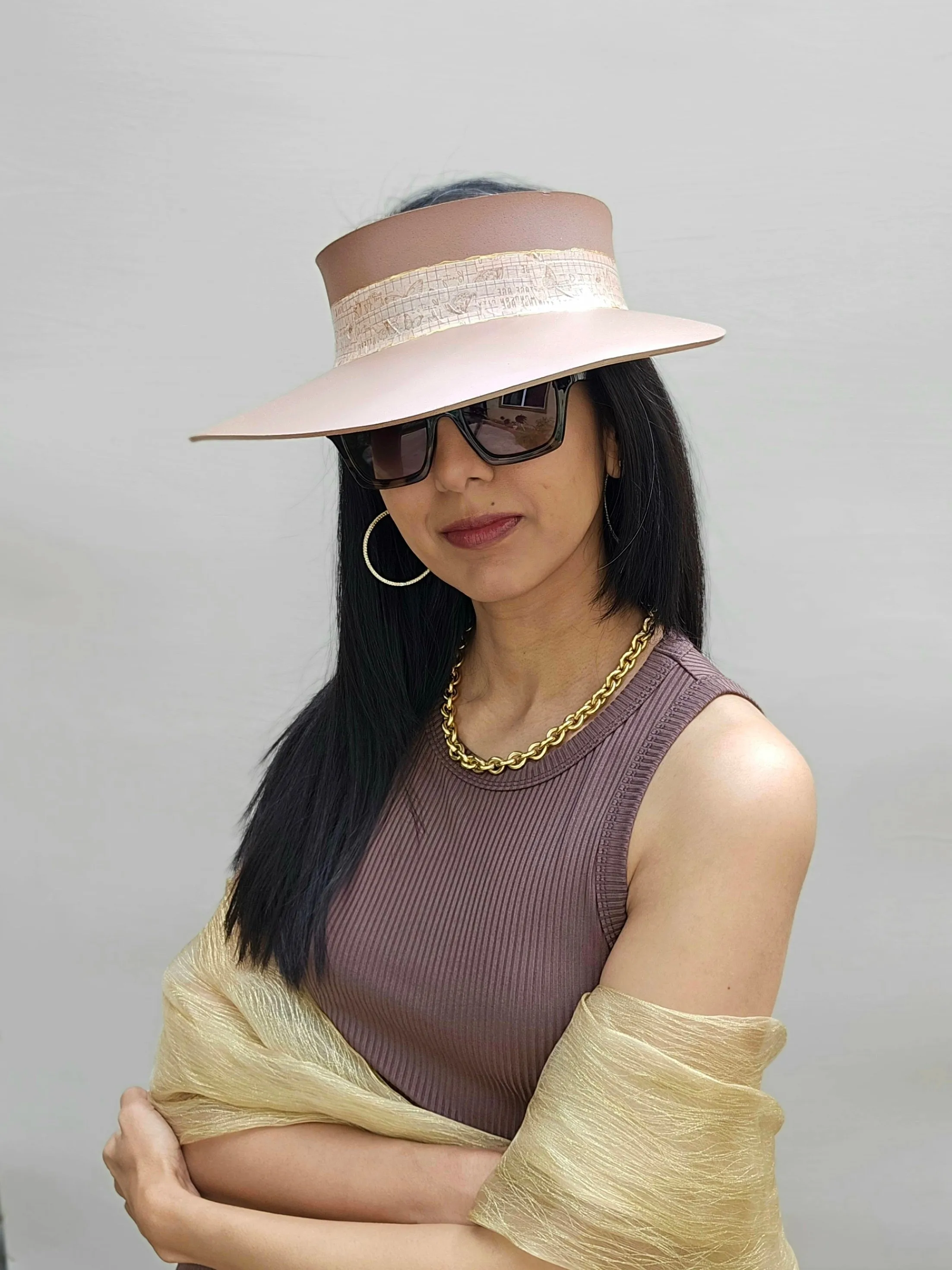 Brown "LadyEVA" Visor Hat with Butterfly and Grid Style Band