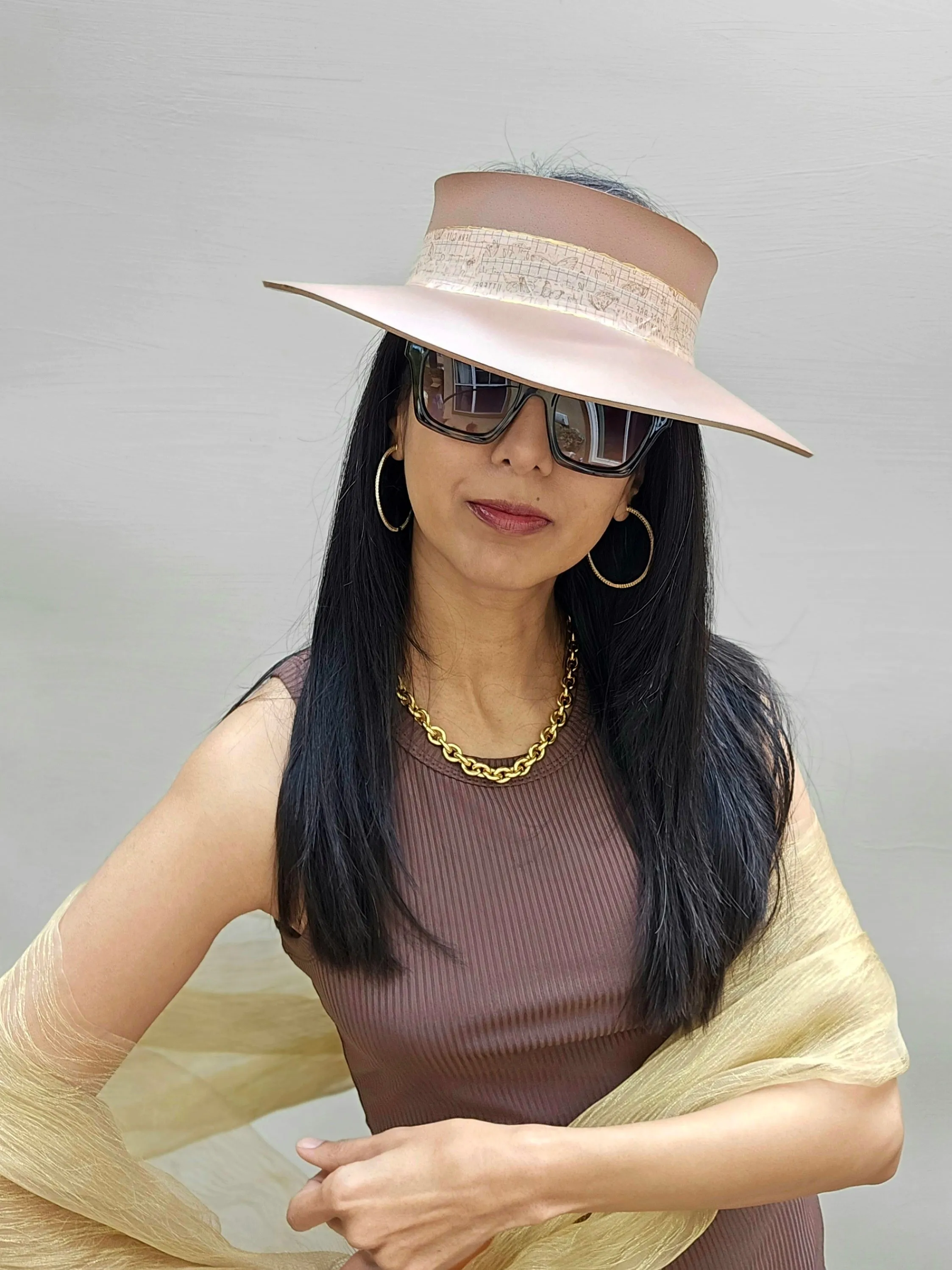 Brown "LadyEVA" Visor Hat with Butterfly and Grid Style Band