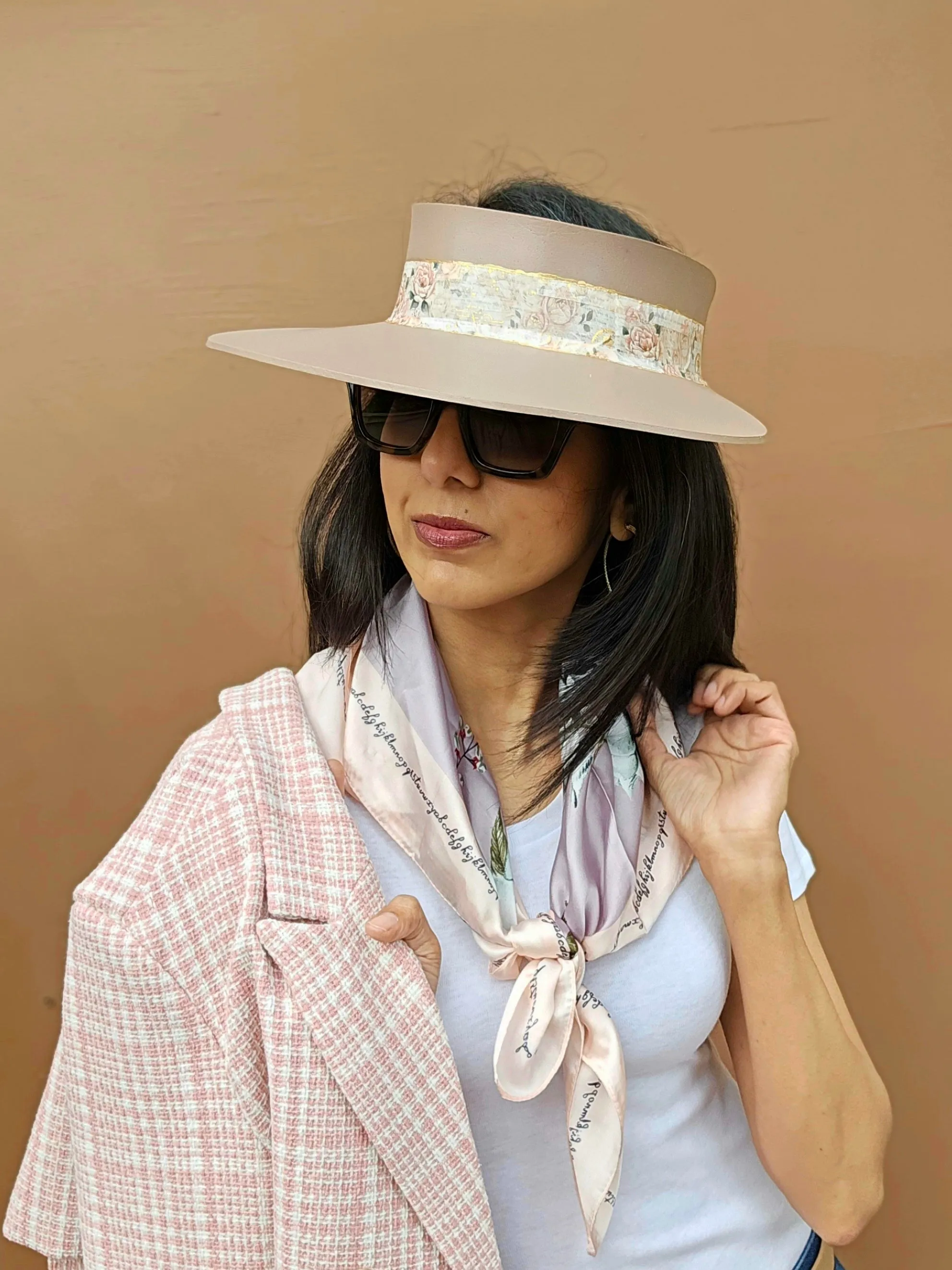 Brown "LadyEVA" Visor Hat with Delicate Pink Floral Band