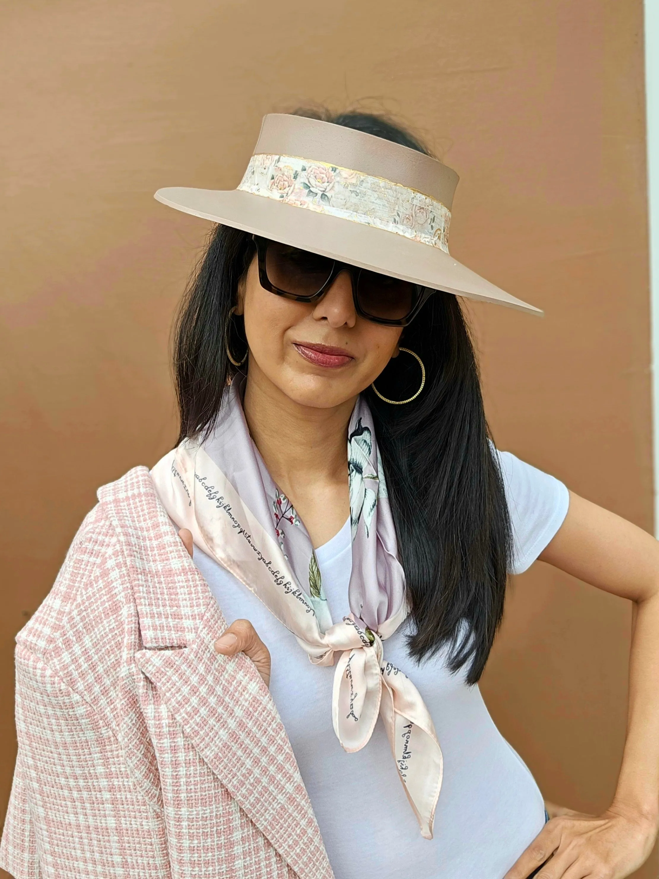 Brown "LadyEVA" Visor Hat with Delicate Pink Floral Band