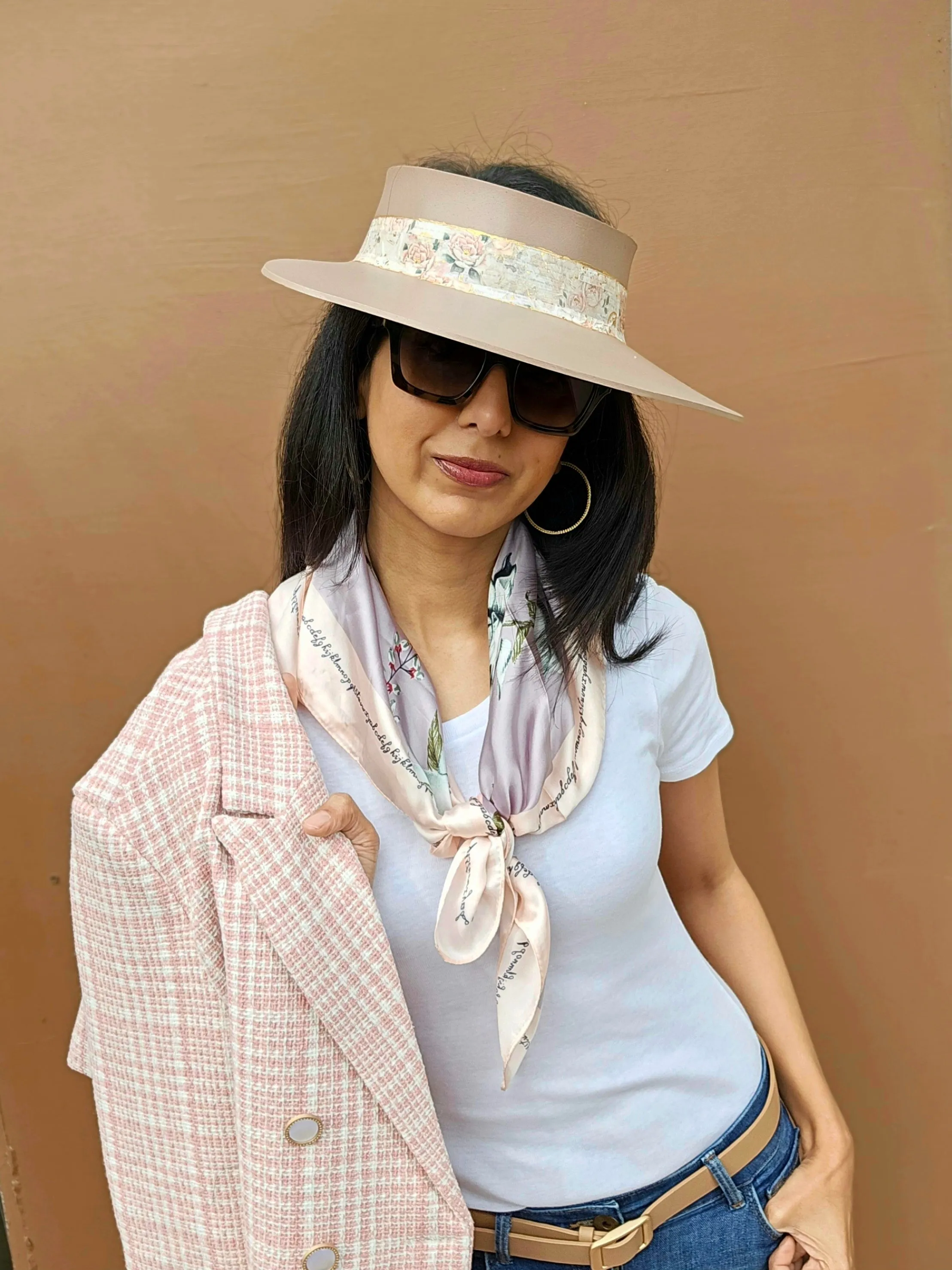 Brown "LadyEVA" Visor Hat with Delicate Pink Floral Band