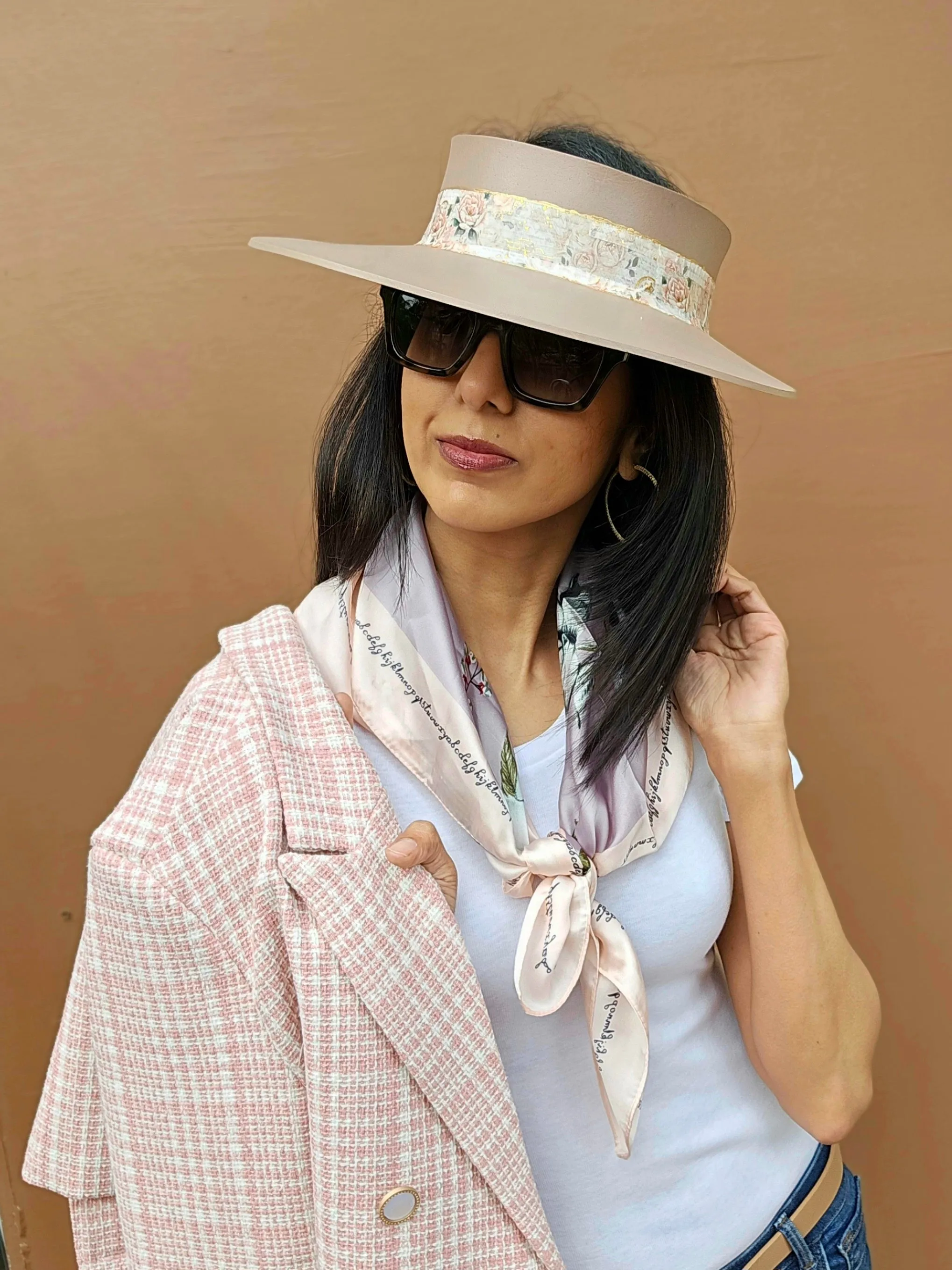 Brown "LadyEVA" Visor Hat with Delicate Pink Floral Band