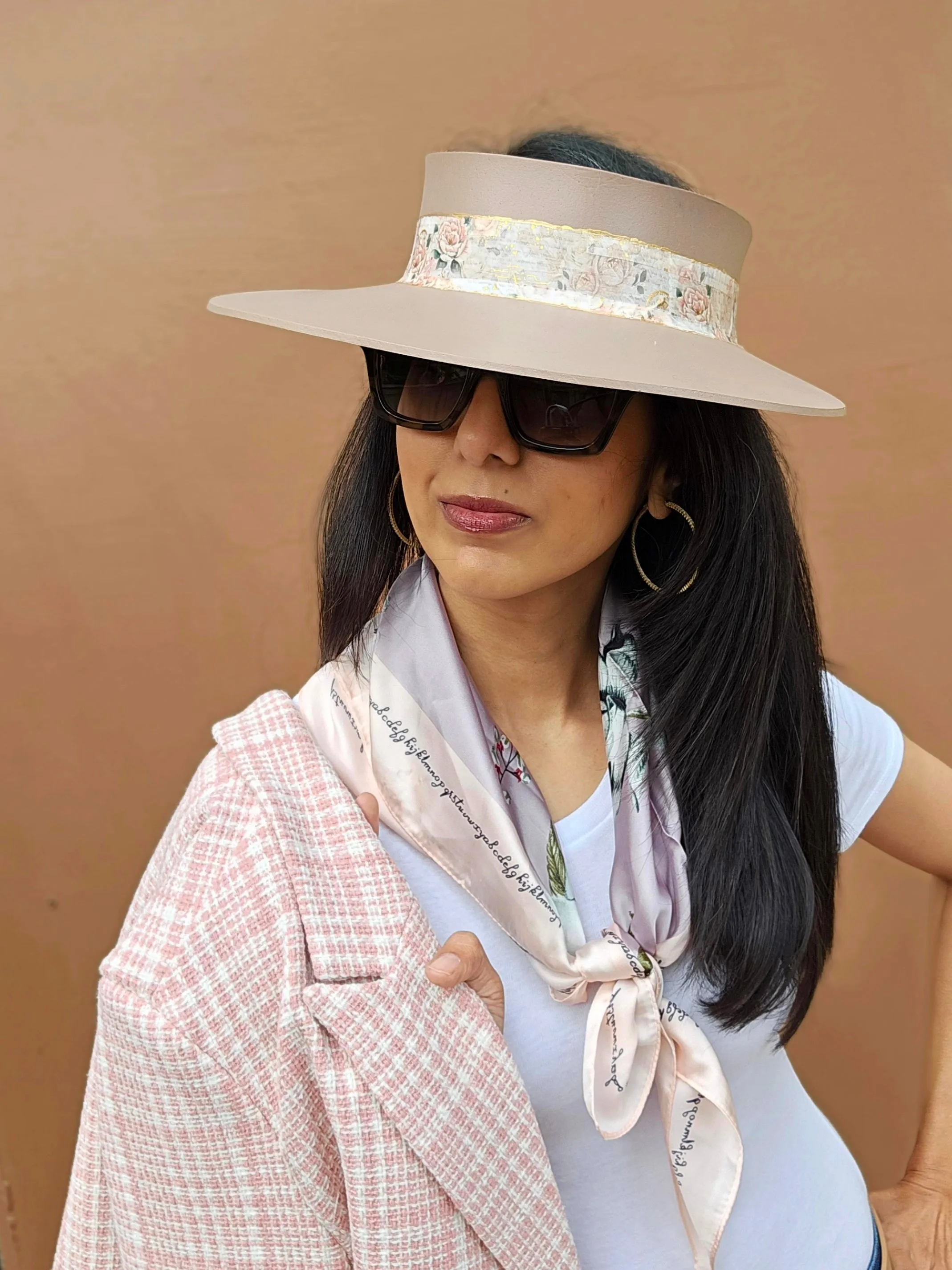 Brown "LadyEVA" Visor Hat with Delicate Pink Floral Band