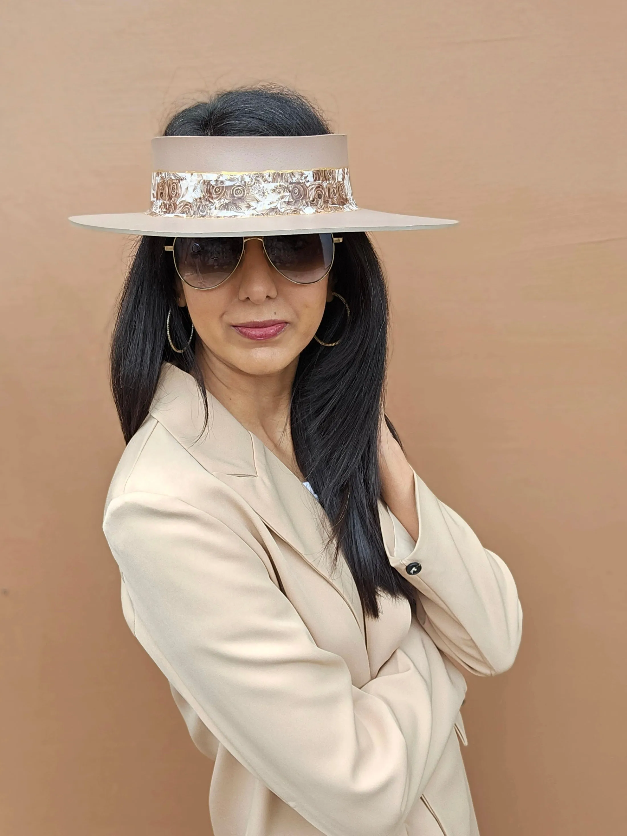 Brown "LadyEVA" Visor Hat with Golden Floral Band