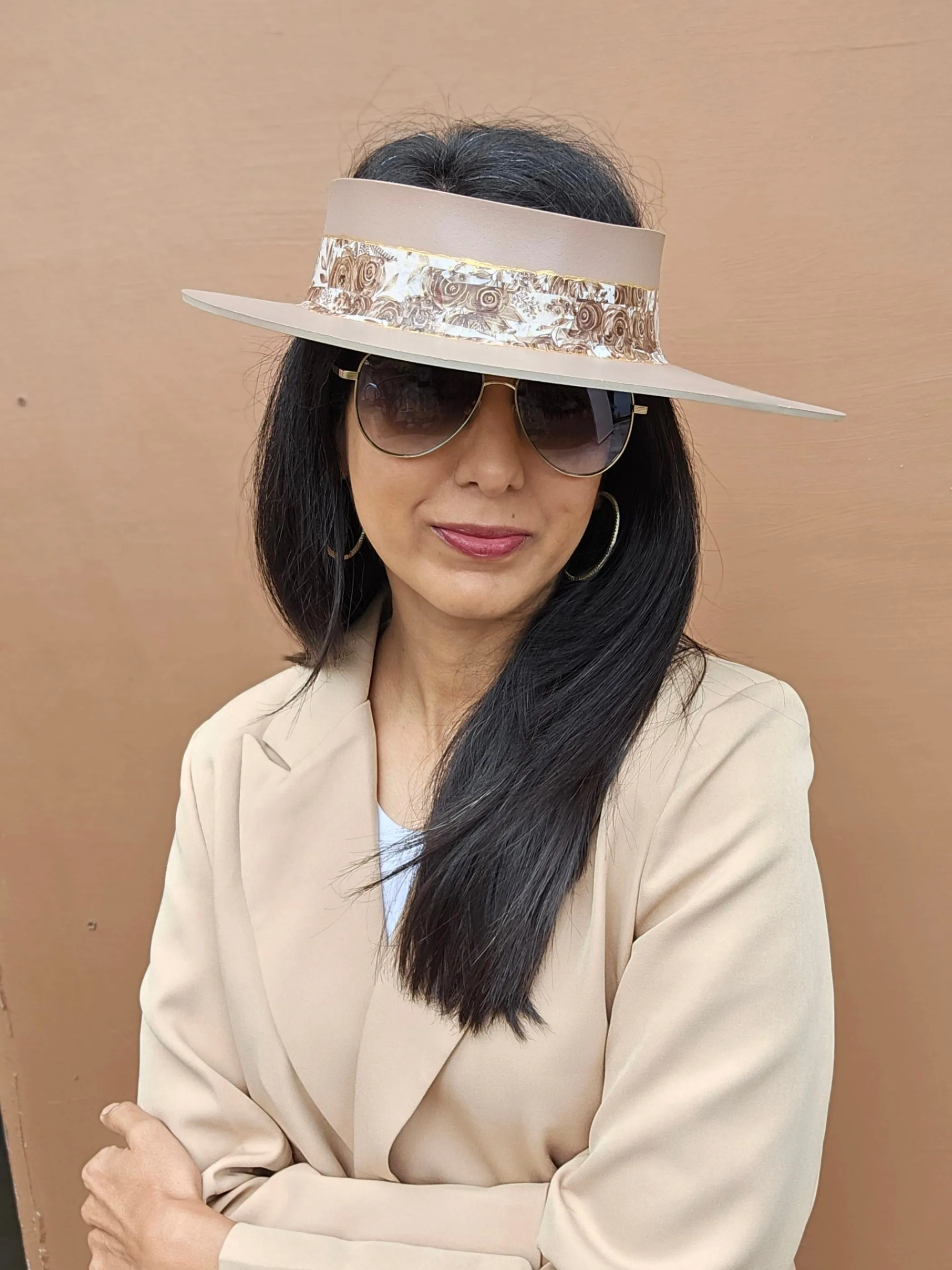 Brown "LadyEVA" Visor Hat with Golden Floral Band