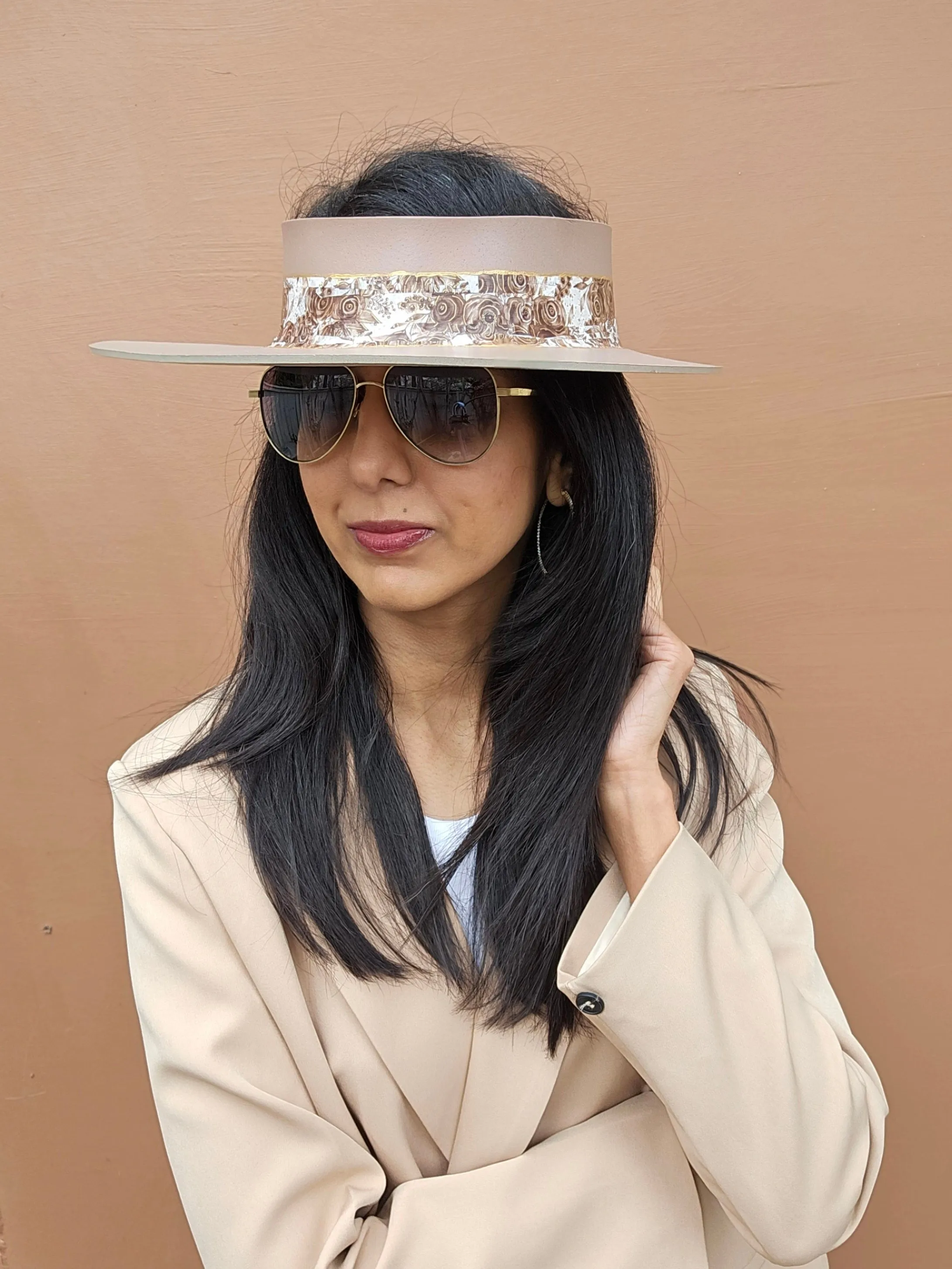 Brown "LadyEVA" Visor Hat with Golden Floral Band