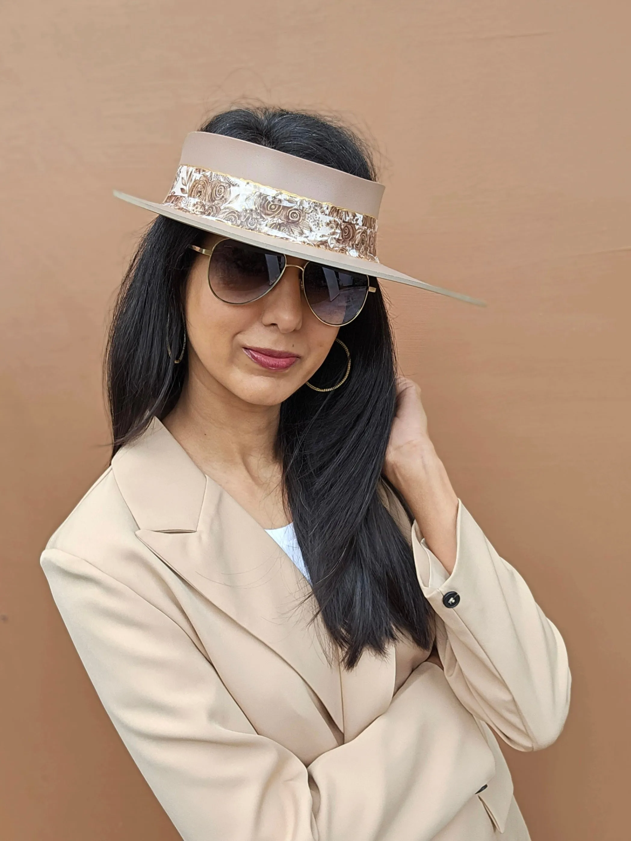 Brown "LadyEVA" Visor Hat with Golden Floral Band