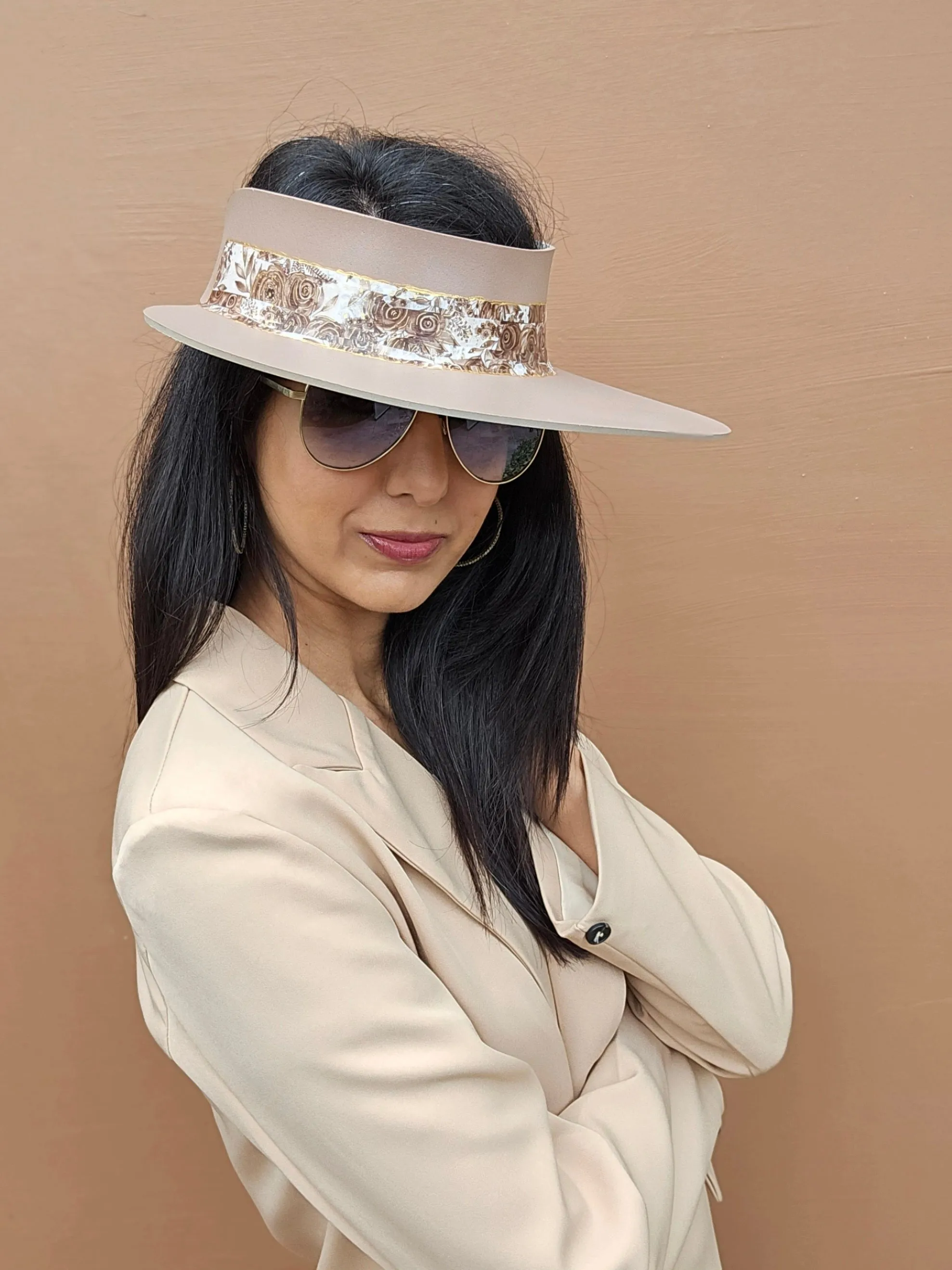 Brown "LadyEVA" Visor Hat with Golden Floral Band