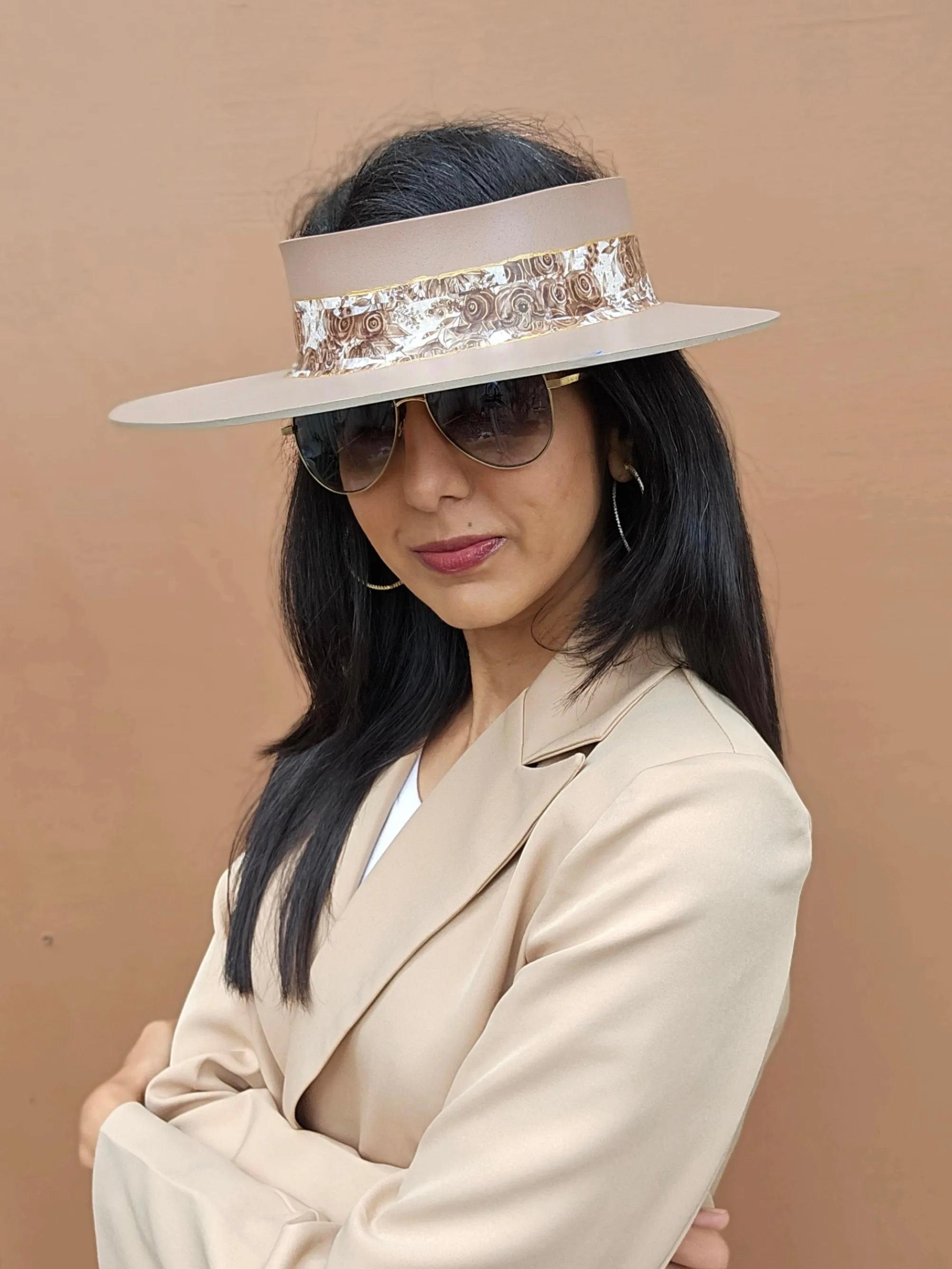 Brown "LadyEVA" Visor Hat with Golden Floral Band