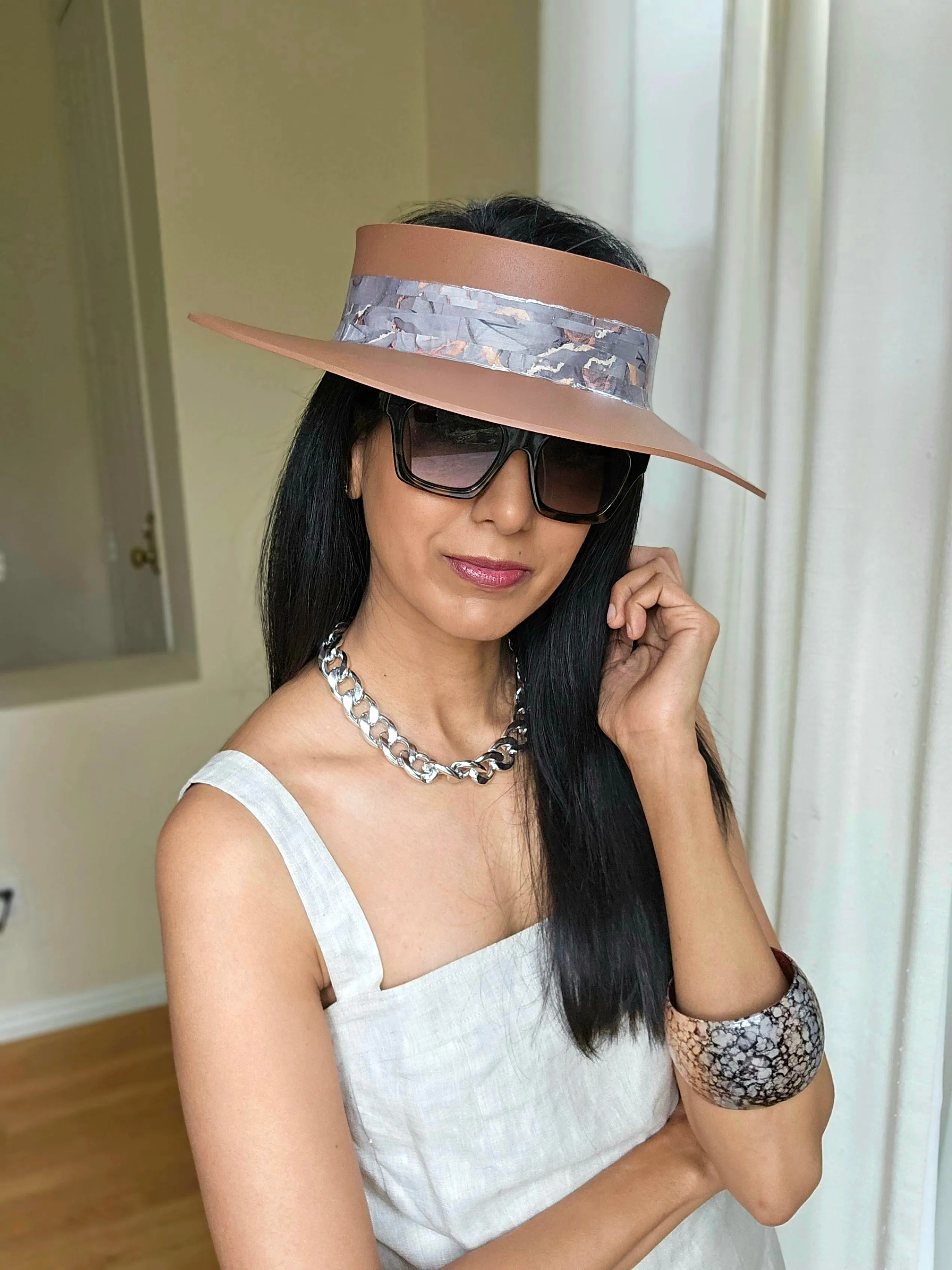 Brown "LadyEVA" Visor Hat with Marbled Gray Blue Band