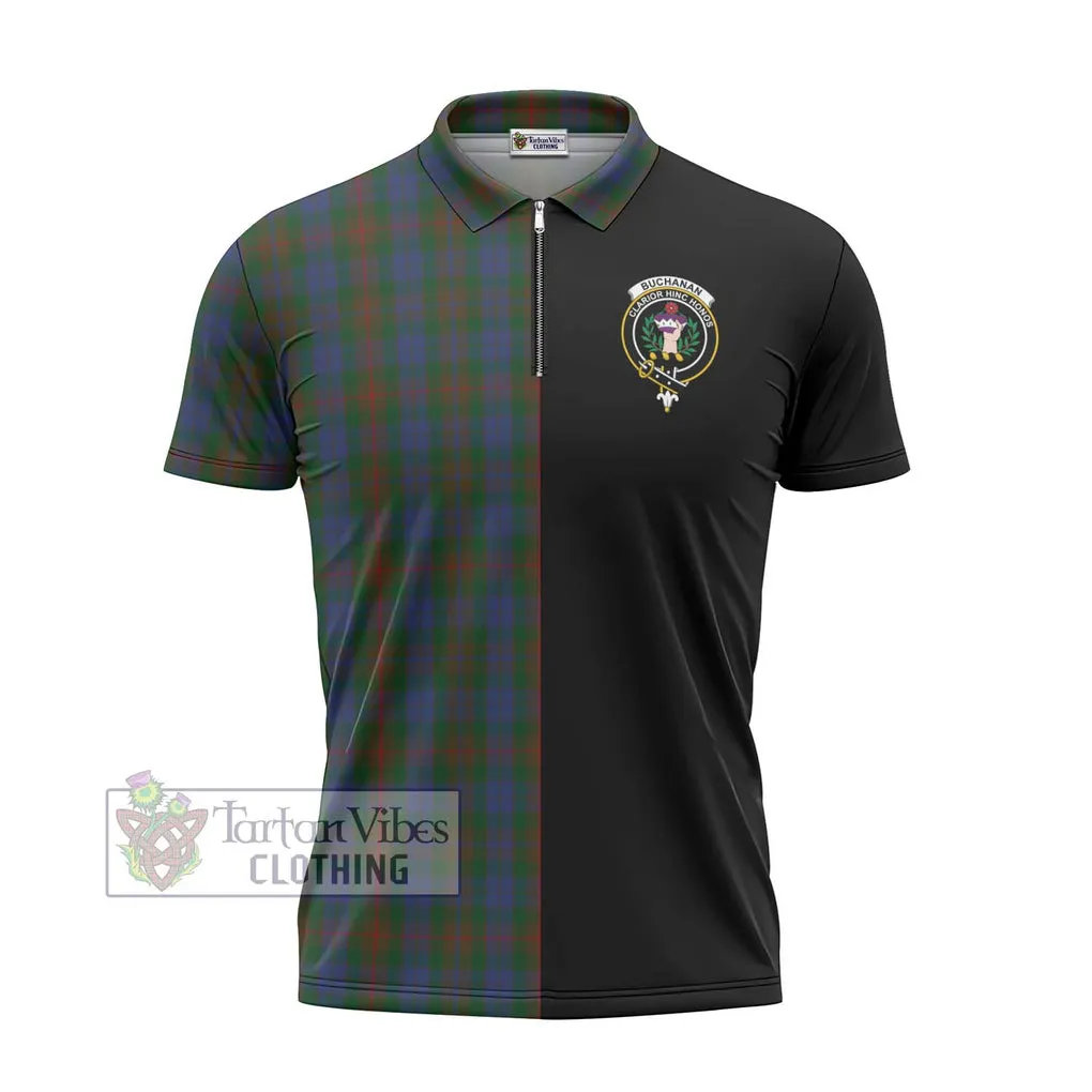 Buchanan Hunting Tartan Zipper Polo Shirt with Family Crest and Half Of Me Style