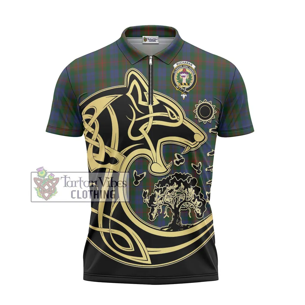 Buchanan Hunting Tartan Zipper Polo Shirt with Family Crest Celtic Wolf Style